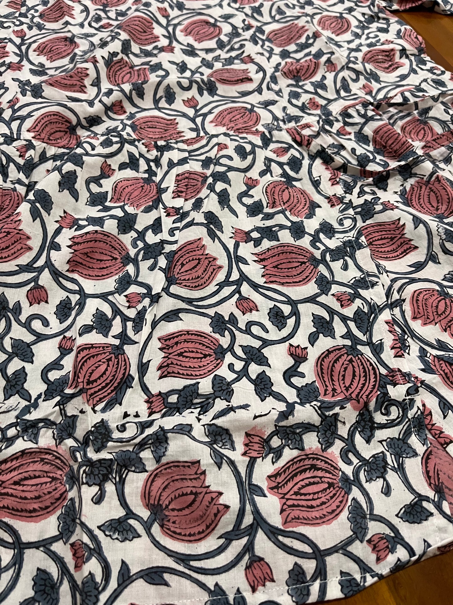Southloom Jaipur Cotton Pink Floral Hand Block Printed White Top (Half Sleeves)