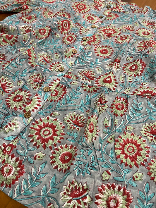 Southloom Jaipur Cotton Red Floral Hand Block Printed Blue Top (Half Sleeves)