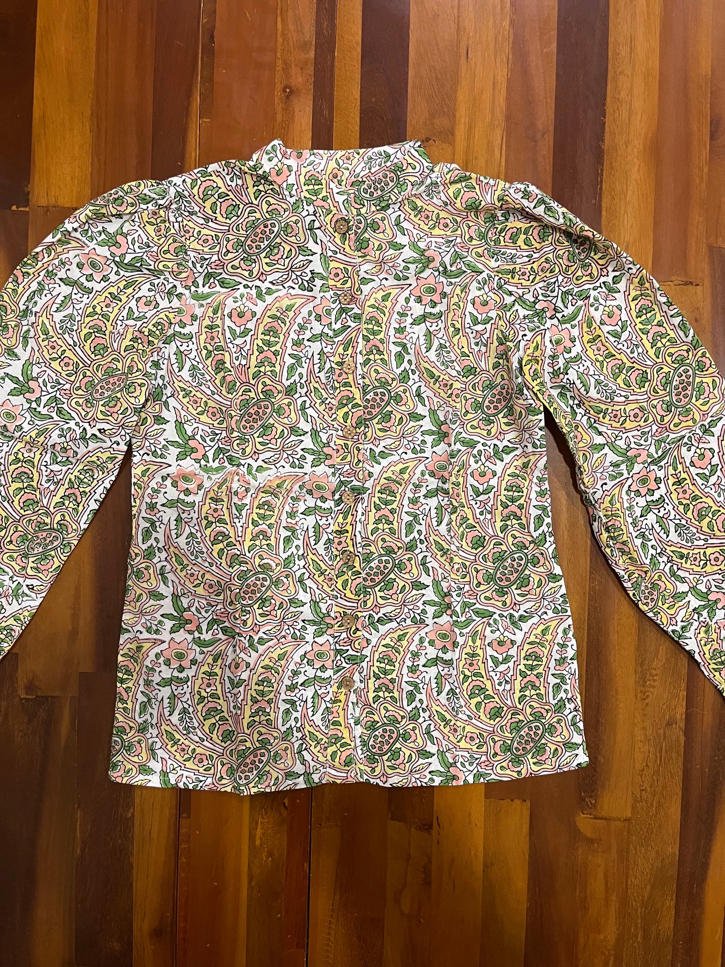 Southloom Jaipur Cotton Green and Yellow Floral Hand Block Printed White Top (Full Sleeves)