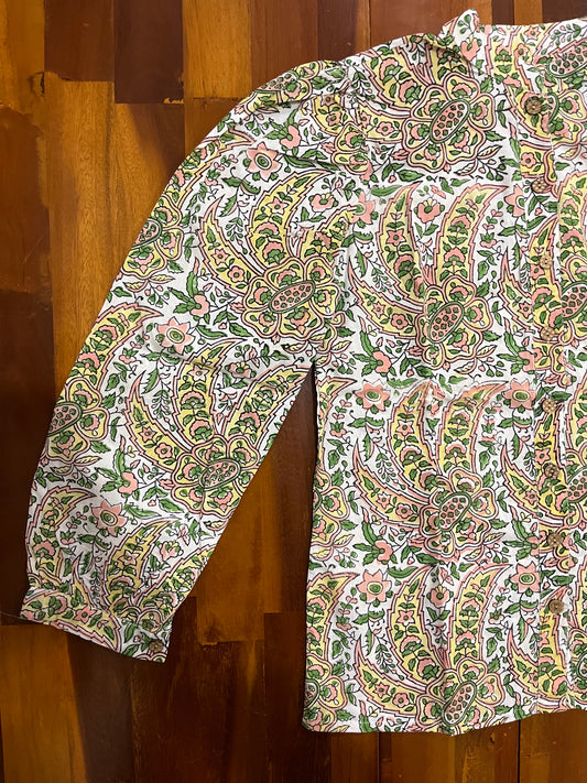 Southloom Jaipur Cotton Green and Yellow Floral Hand Block Printed White Top (Full Sleeves)