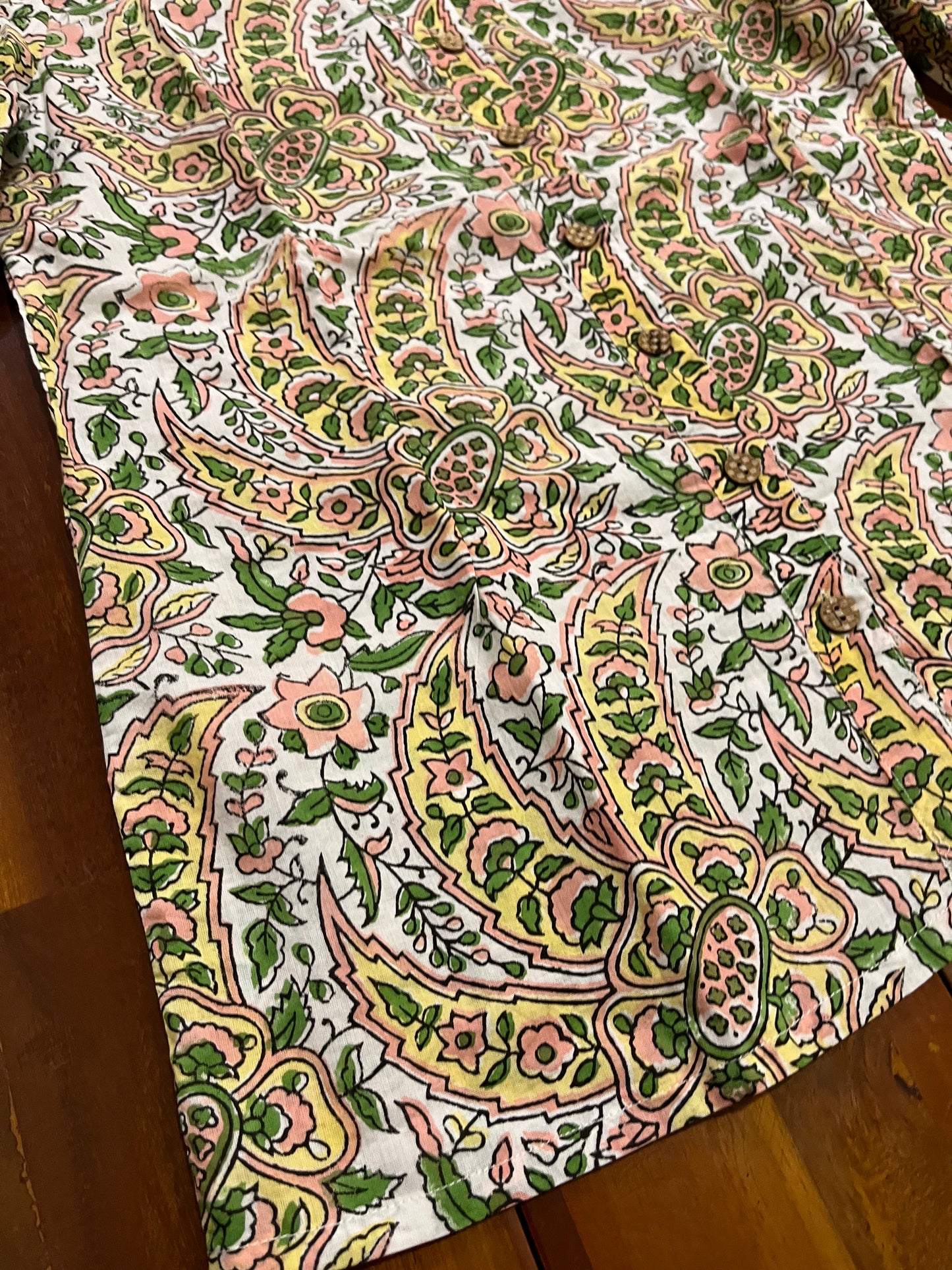 Southloom Jaipur Cotton Green and Yellow Floral Hand Block Printed White Top (Full Sleeves)