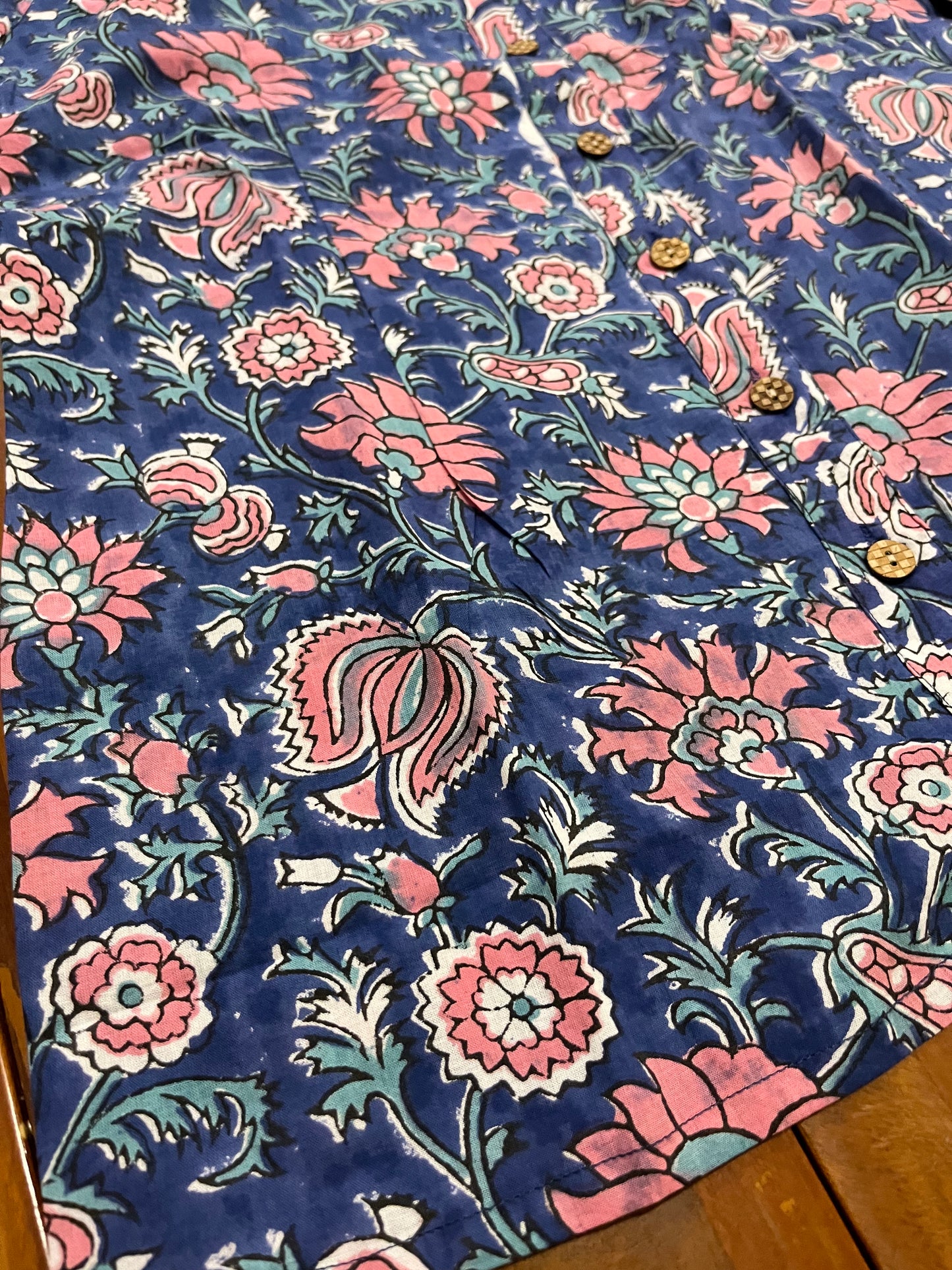 Southloom Jaipur Cotton Pink Floral Hand Block Printed Blue Top (Full Sleeves)