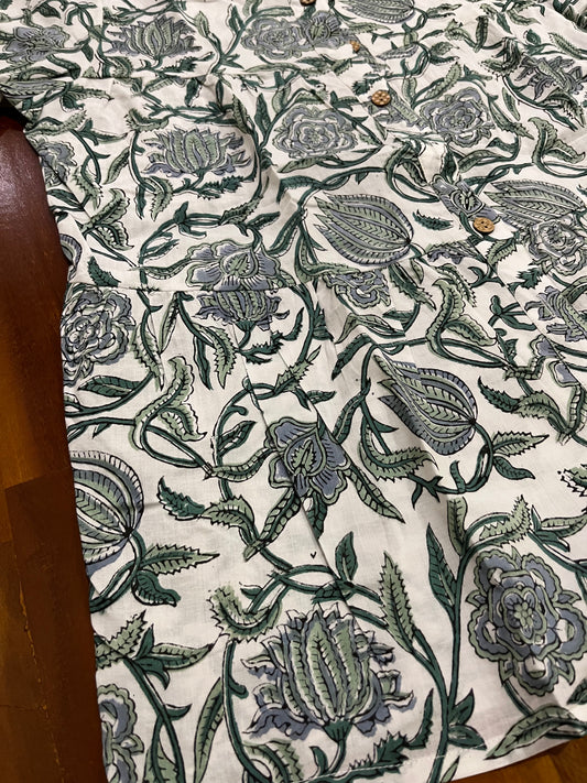 Southloom Jaipur Cotton Green Floral Hand Block Printed White Top (Half Sleeves)