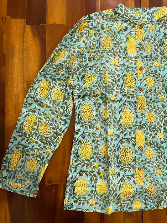 Southloom Jaipur Cotton Yellow Hand Block Printed Blue Top (Full Sleeves)