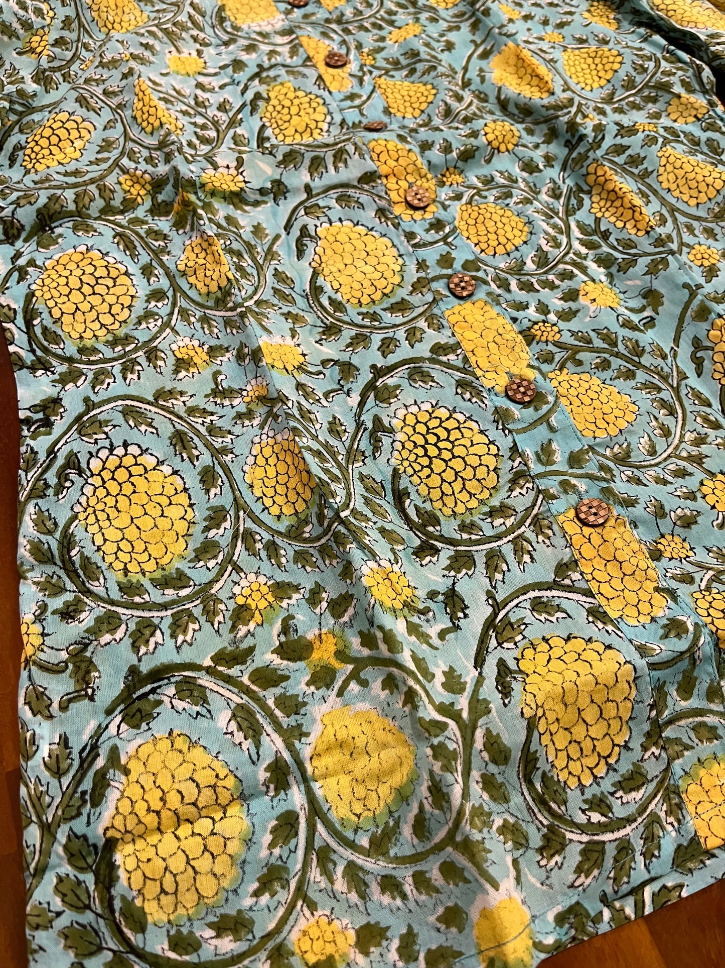 Southloom Jaipur Cotton Yellow Hand Block Printed Blue Top (Full Sleeves)
