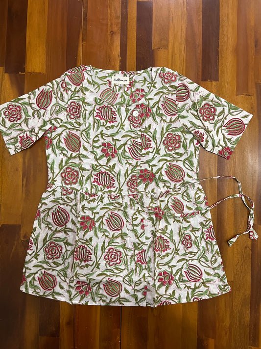 Southloom Jaipur Cotton Red and Green Floral Hand Block Printed White Top (Half Sleeves)