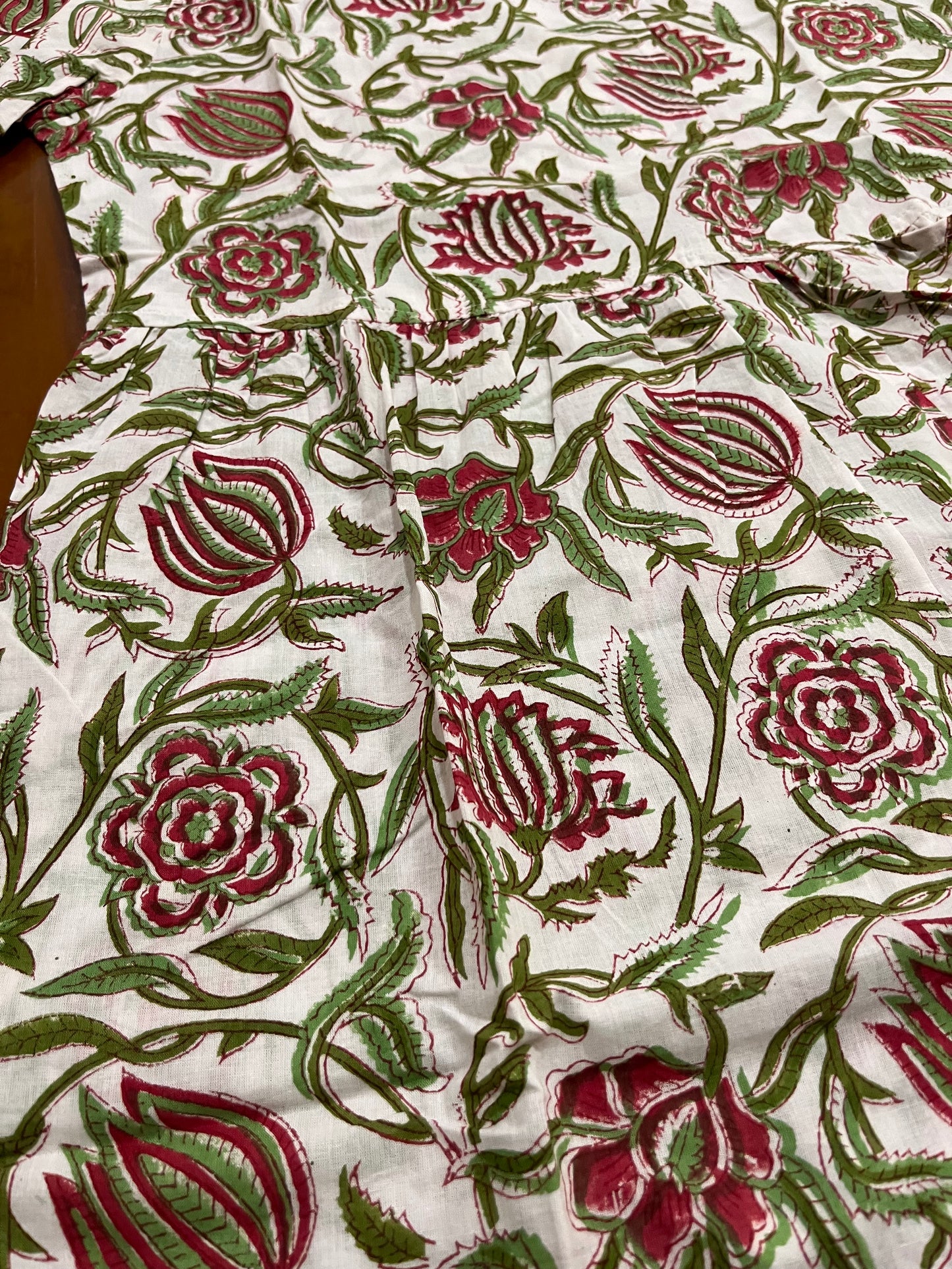 Southloom Jaipur Cotton Red and Green Floral Hand Block Printed White Top (Half Sleeves)