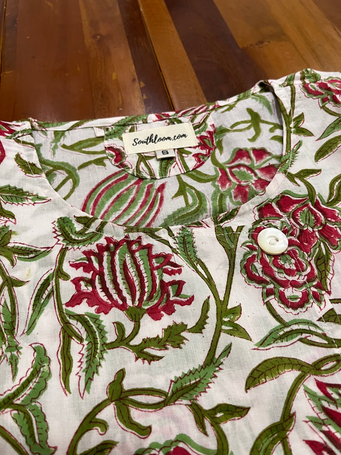 Southloom Jaipur Cotton Red and Green Floral Hand Block Printed White Top (Half Sleeves)