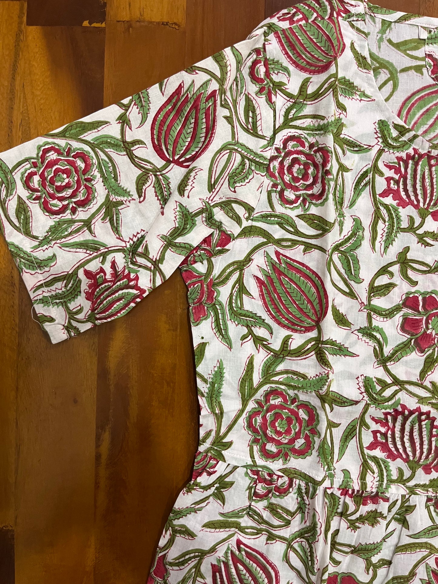 Southloom Jaipur Cotton Red and Green Floral Hand Block Printed White Top (Half Sleeves)