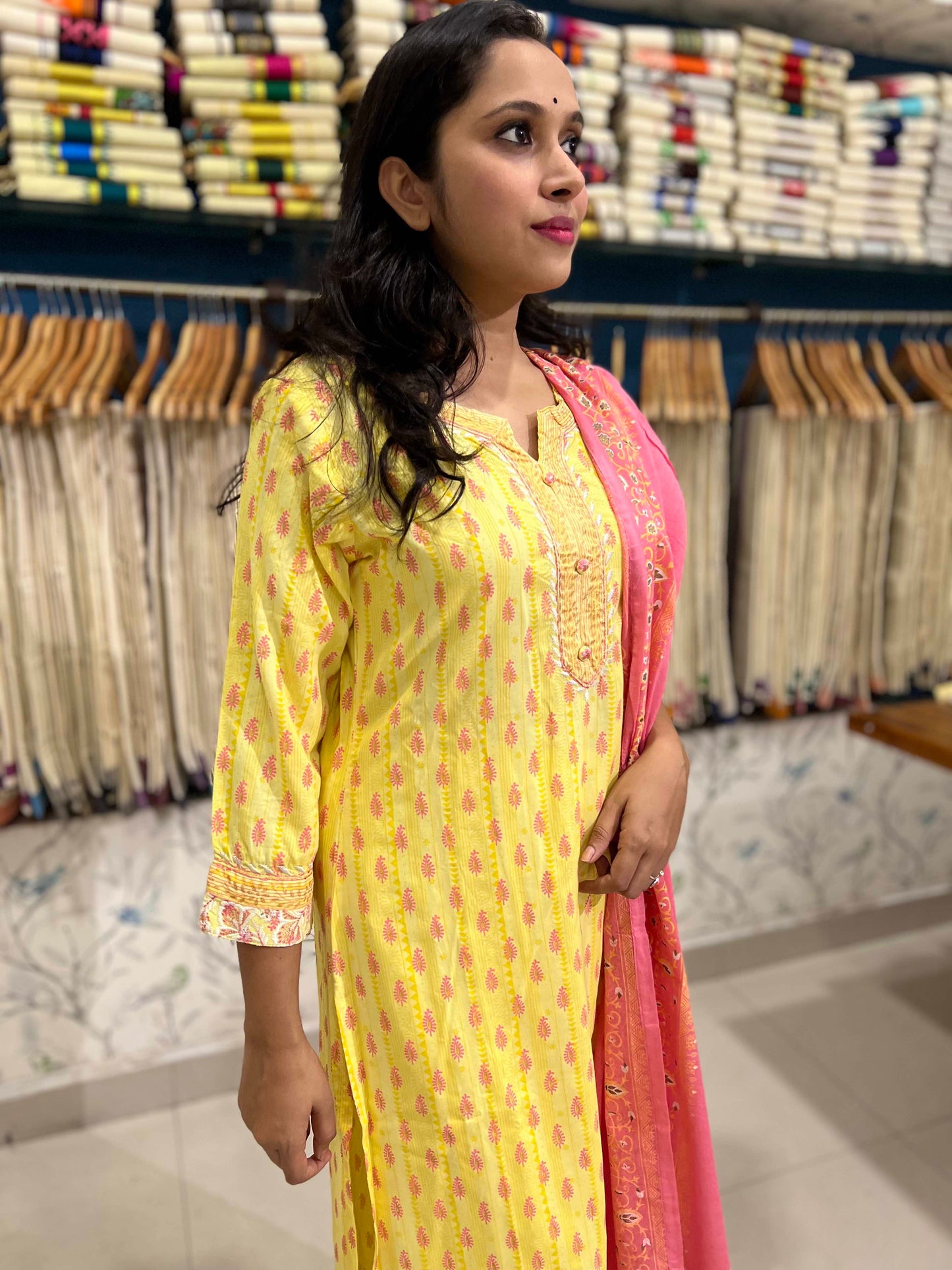 Southloom Stitched Cotton Salwar Set in Yellow Colour with Floral Design