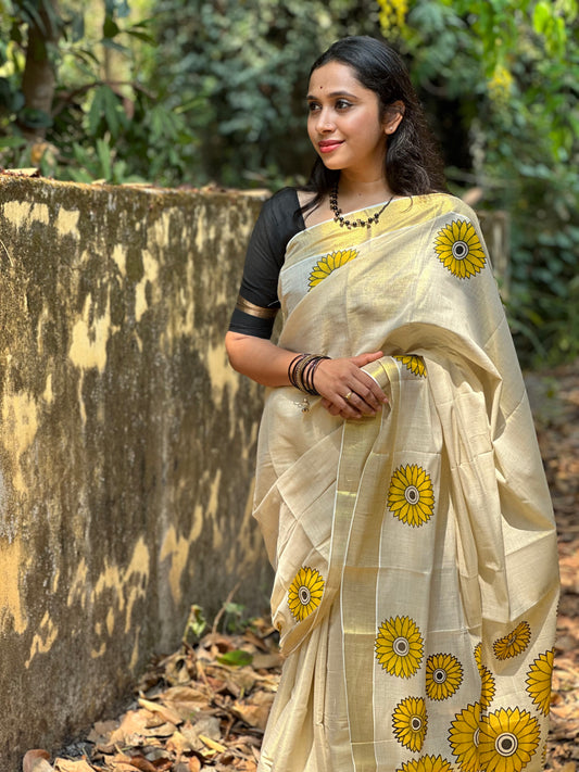 Southloom Exclusive Tissue Kasavu Saree With Sunflower Art On Body and Pallu