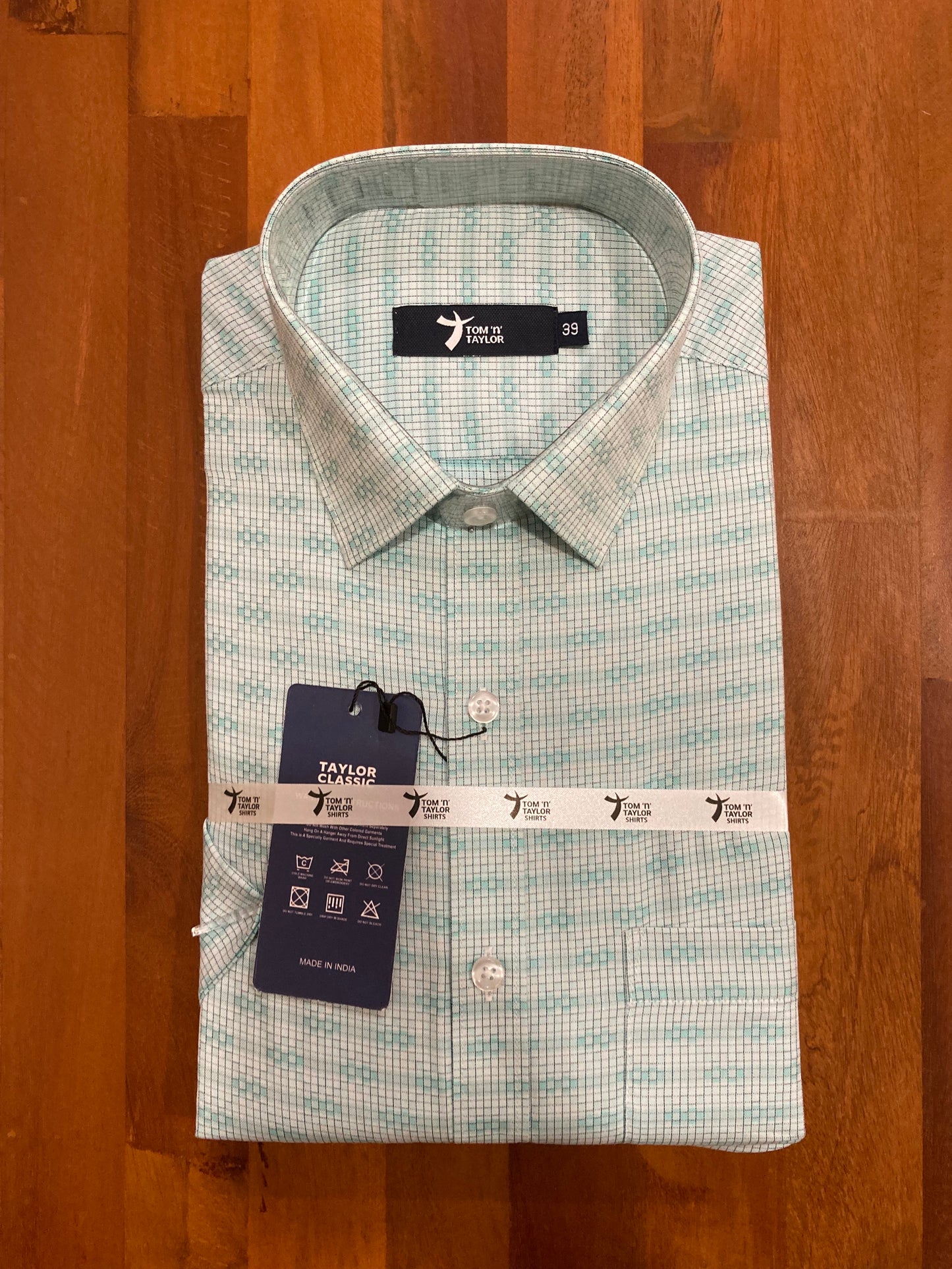 Pure Cotton Light Turquoise & White Checkered Shirt (38 HS)