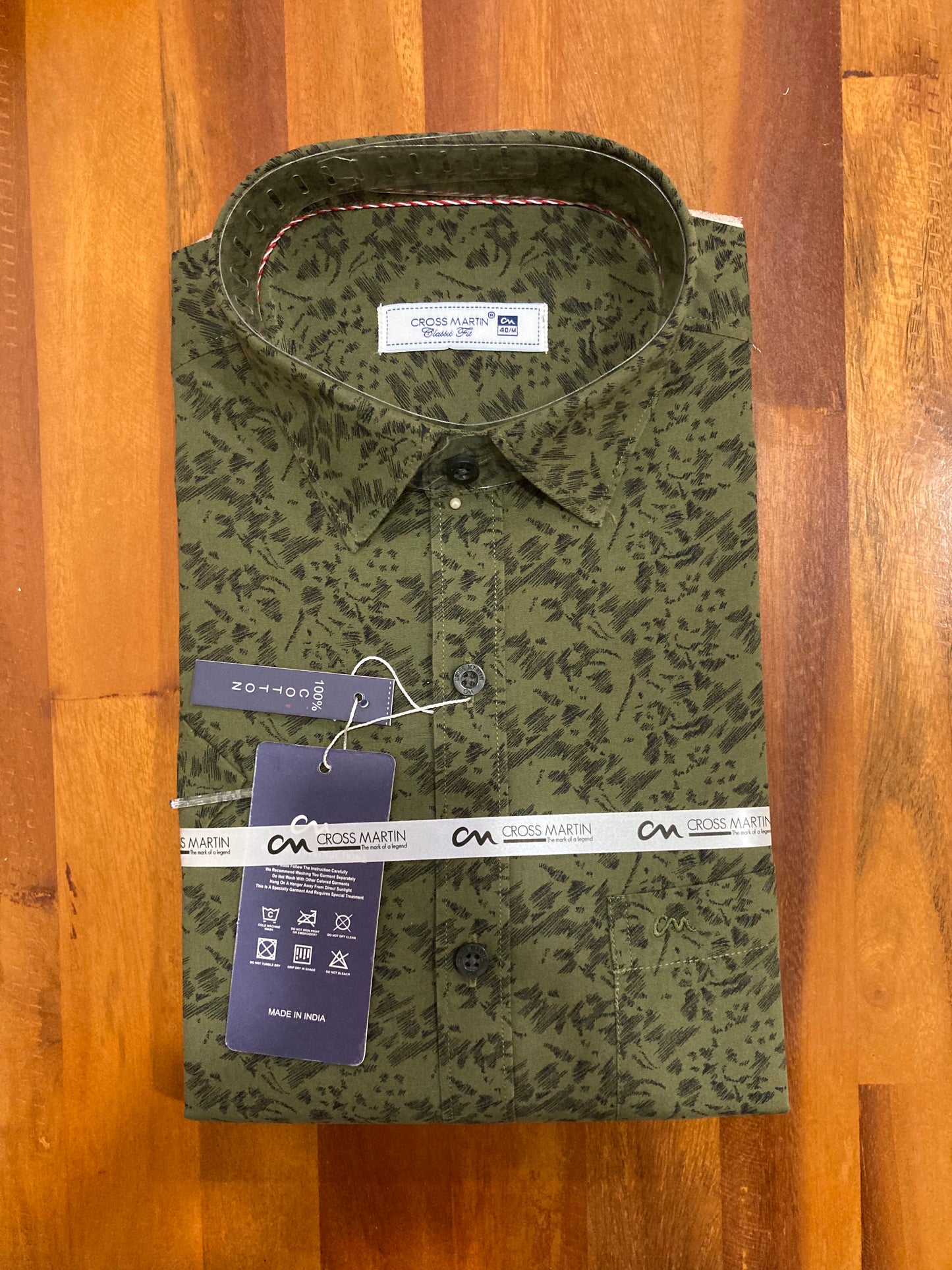 Pure Cotton Olive Green Printed Shirt (40 HS)