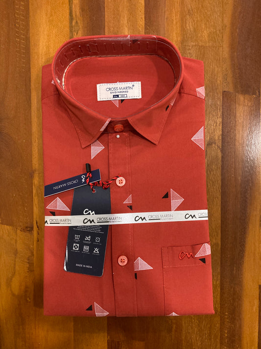 Pure Cotton Brick Red Printed Shirt (38 FS)