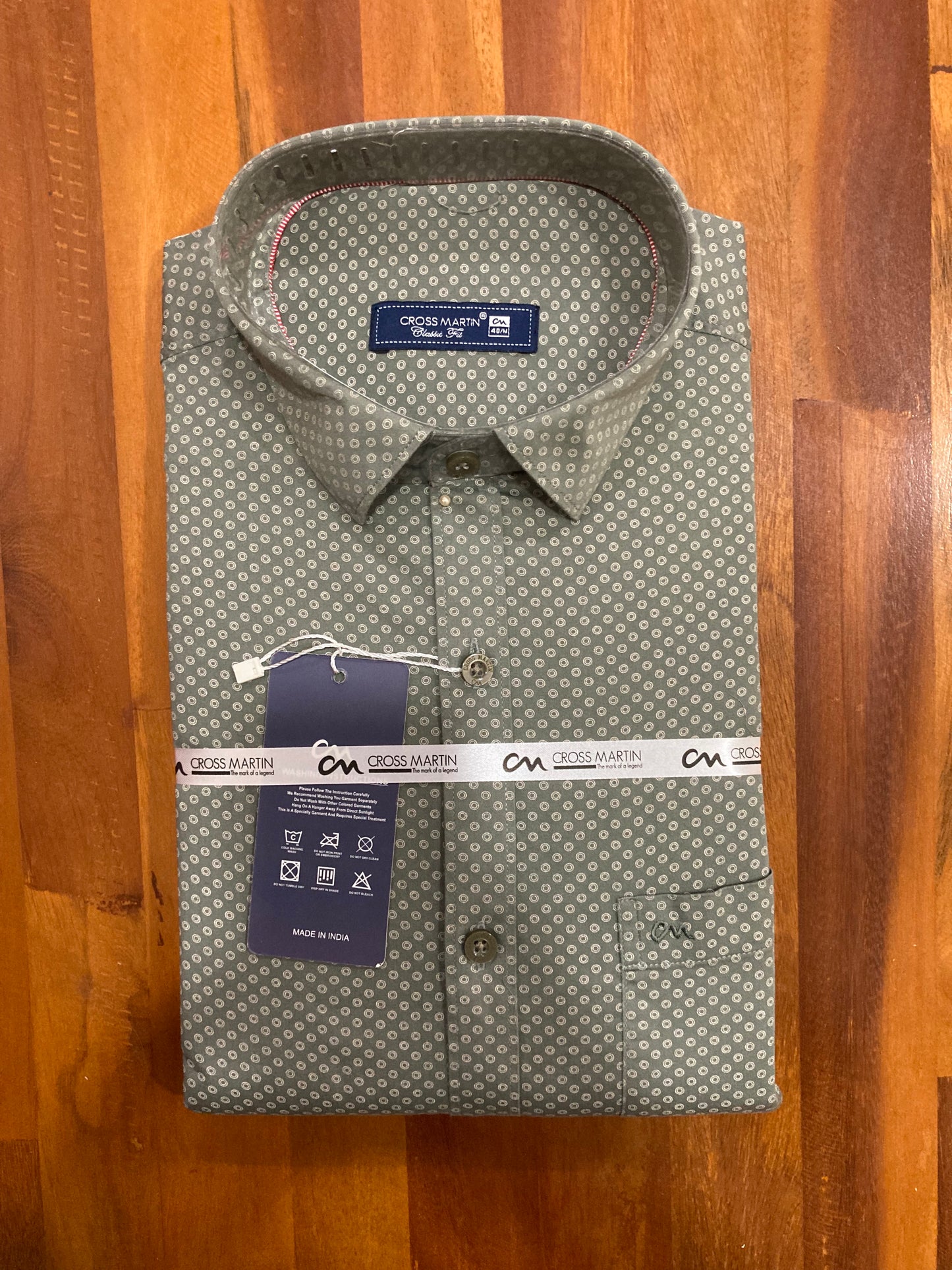 Pure Cotton Pale Olive Green Printed Shirt (40 FS)