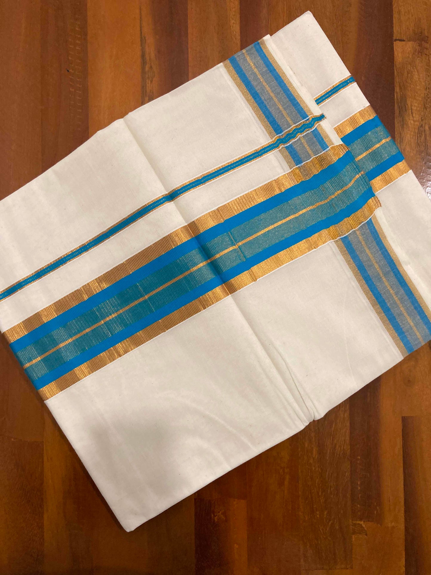 Pure Cotton Kerala Saree with Kasavu and Blue Border