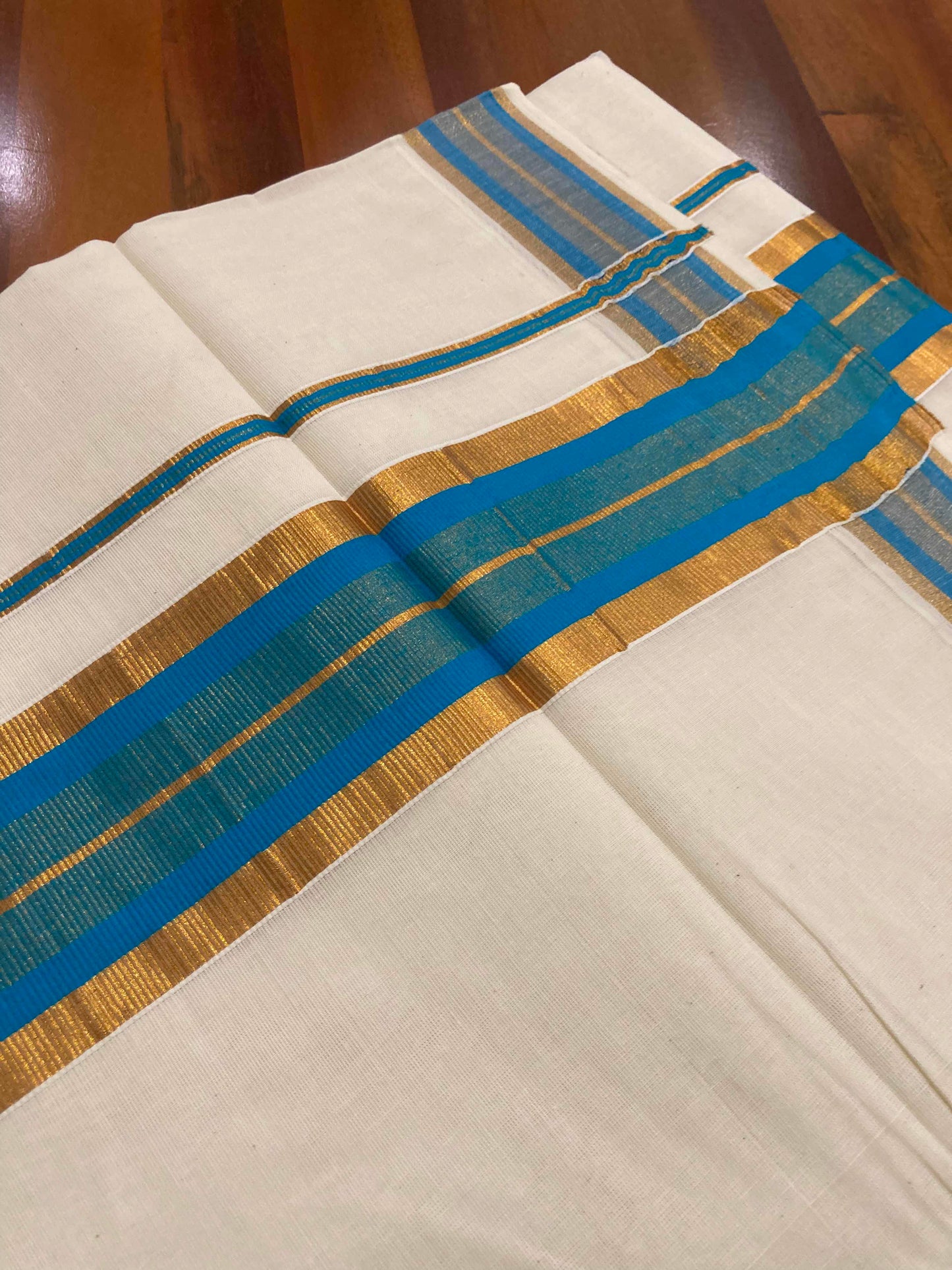 Pure Cotton Kerala Saree with Kasavu and Blue Border