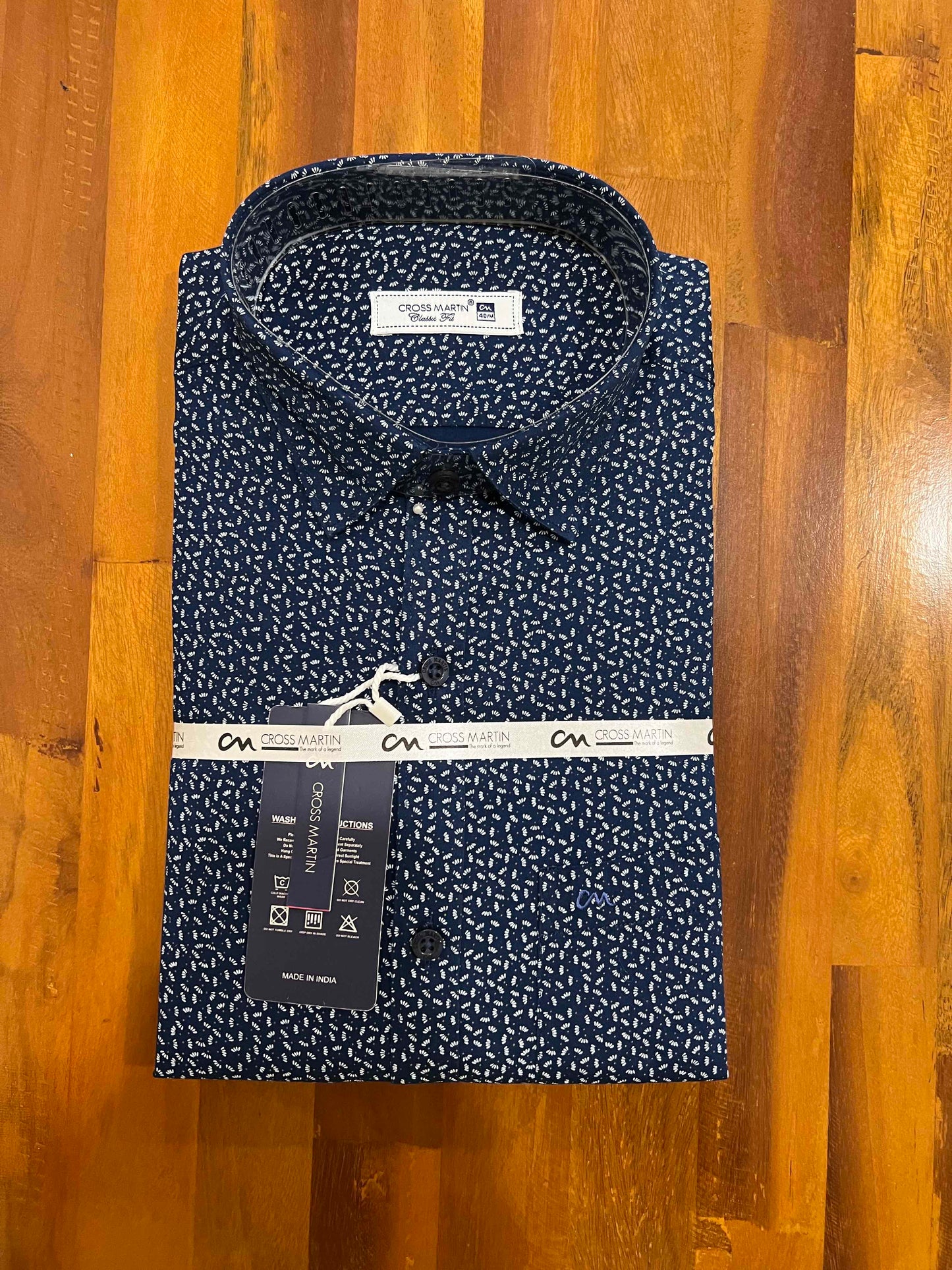 Pure Cotton White Prints on Dark Blue Shirt (40 FS)