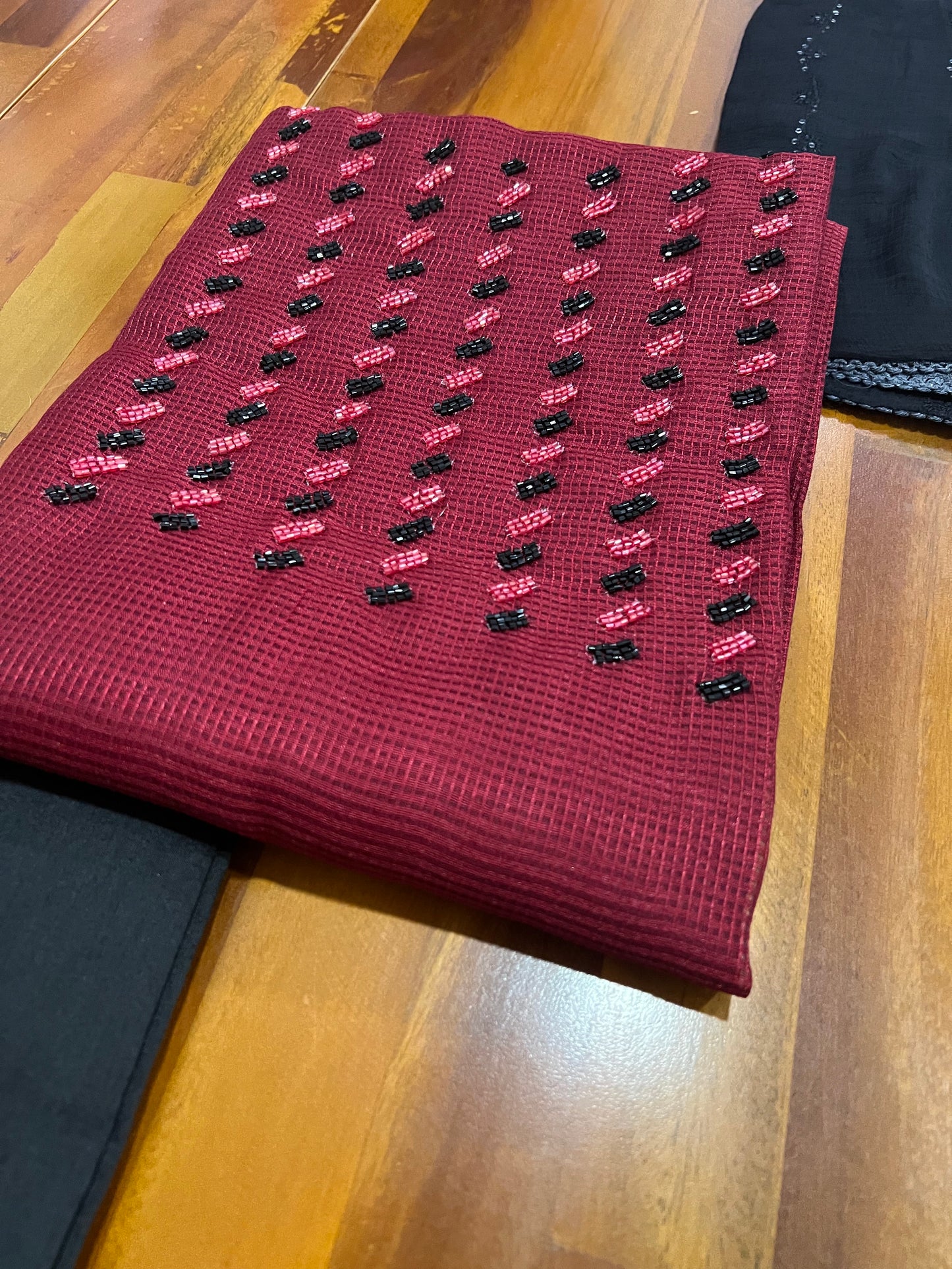 Southloom™ Semi Jute Churidar Salwar Suit Material in Dark Red with Beaded Design