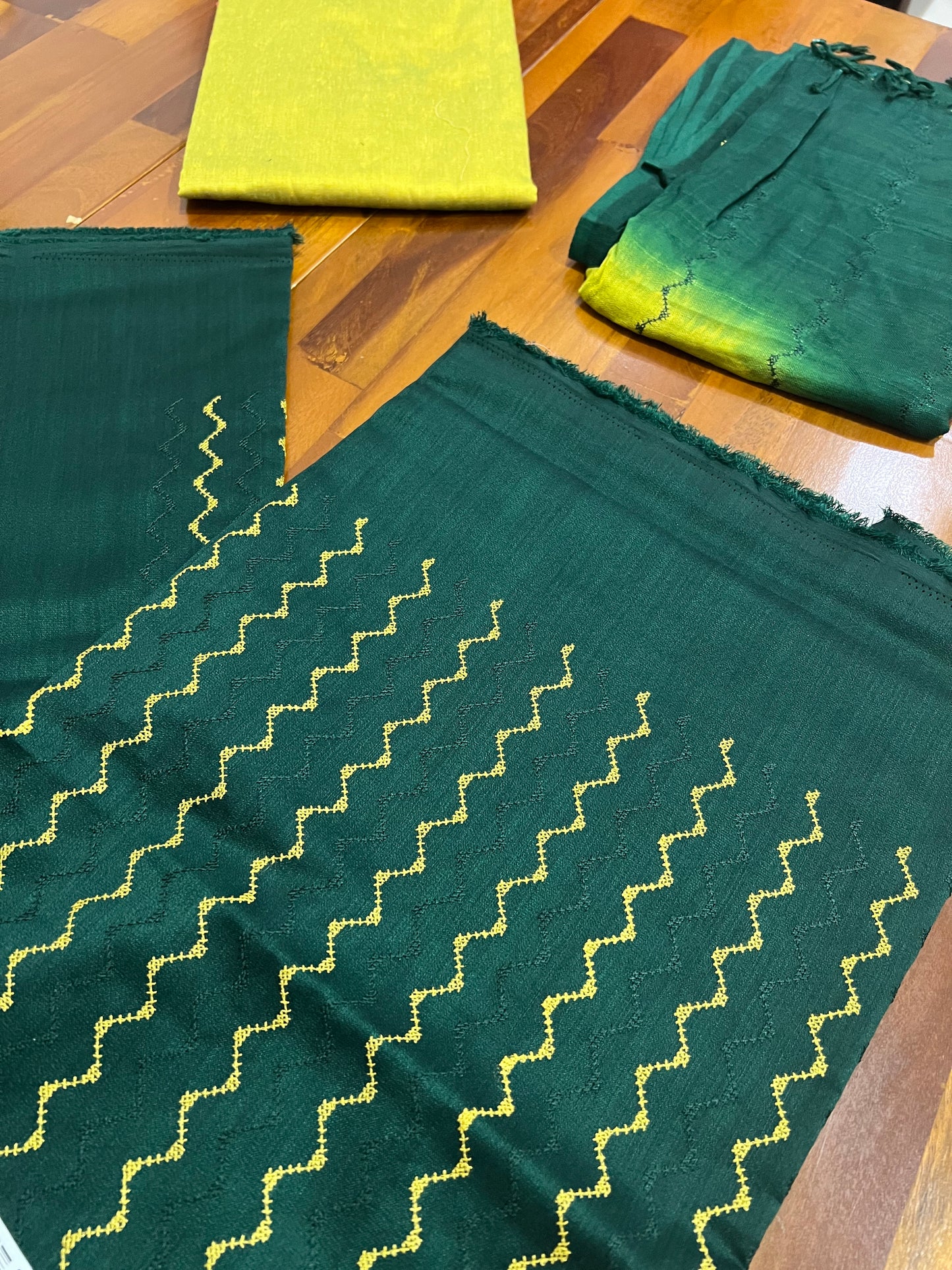 Southloom™ Semi Tussar Churidar Salwar Suit Material in Dark Green with Thread Work Design