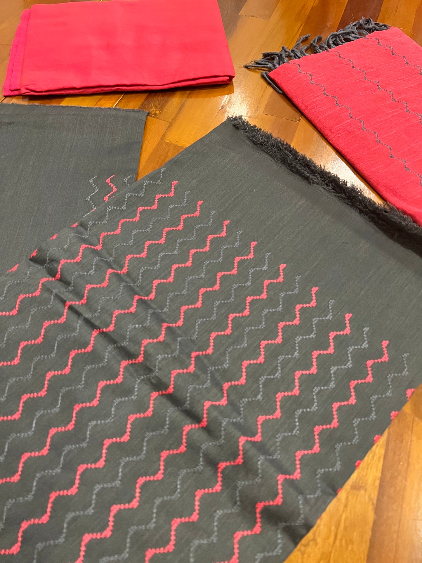 Southloom™ Semi Tussar Churidar Salwar Suit Material in Greyish Black with Thread Work Design