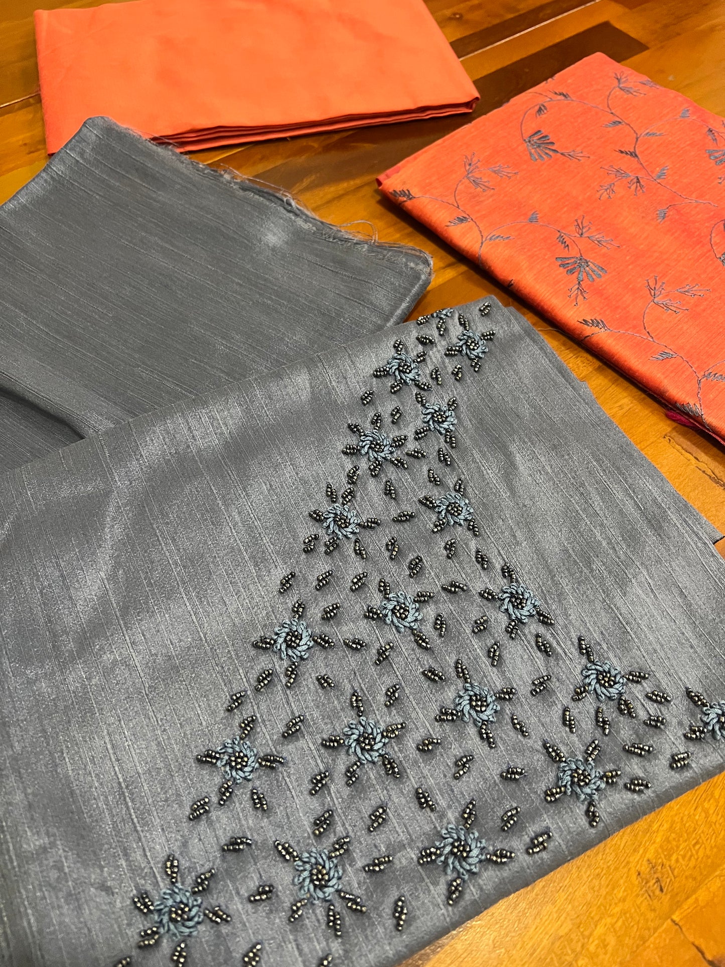 Southloom™ Semi Tussar Churidar Salwar Suit Material in Greyish Blue with Beaded Design