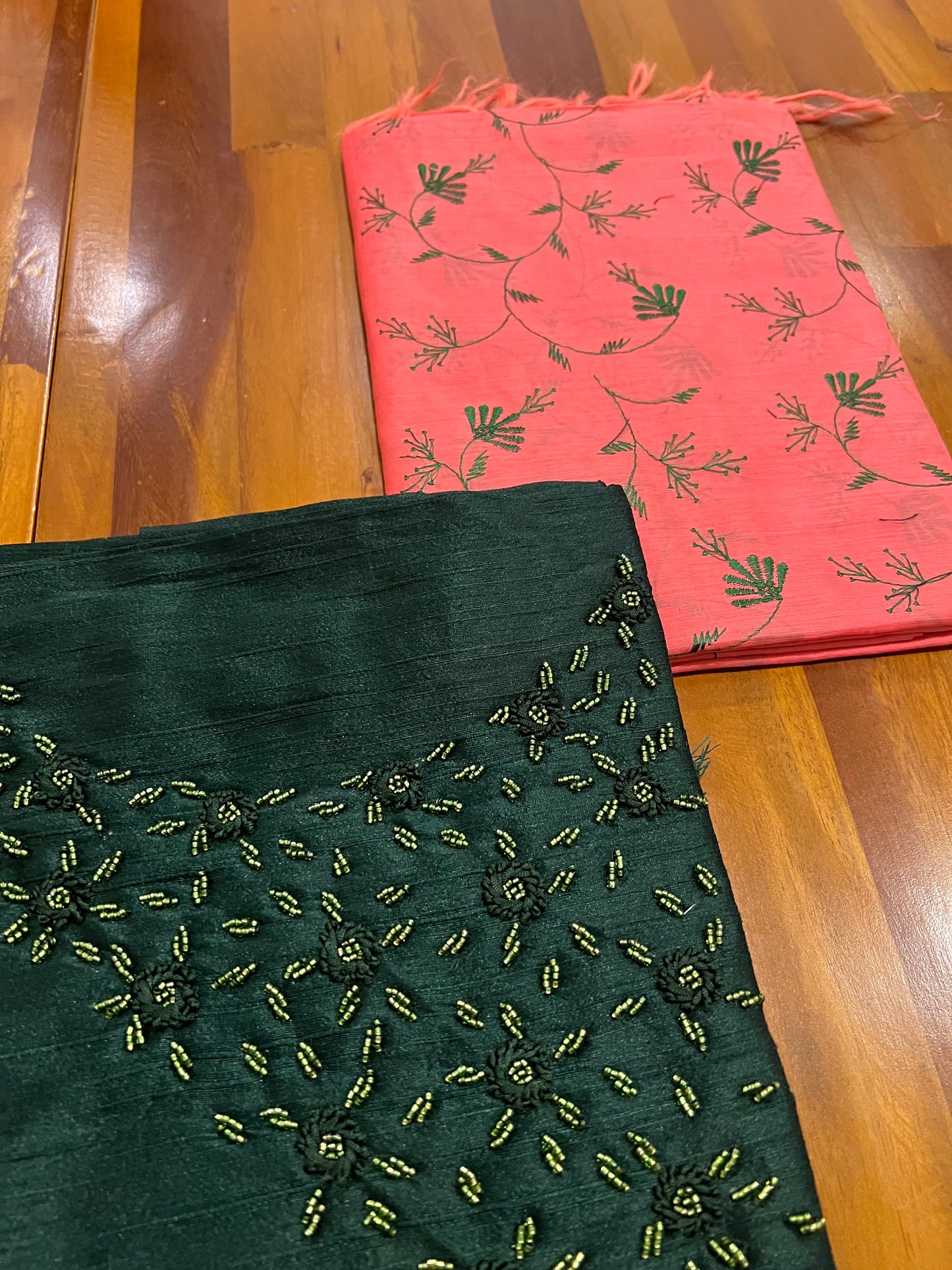 Southloom™ Semi Tussar Churidar Salwar Suit Material in Dark Green with Beaded Design