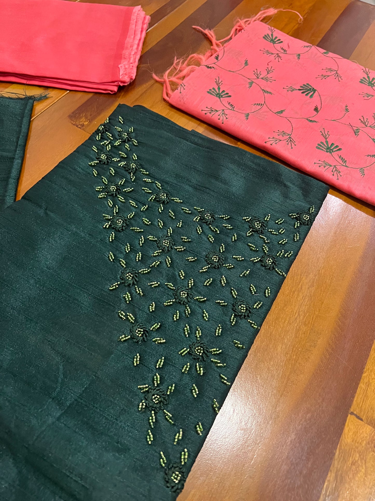 Southloom™ Semi Tussar Churidar Salwar Suit Material in Dark Green with Beaded Design