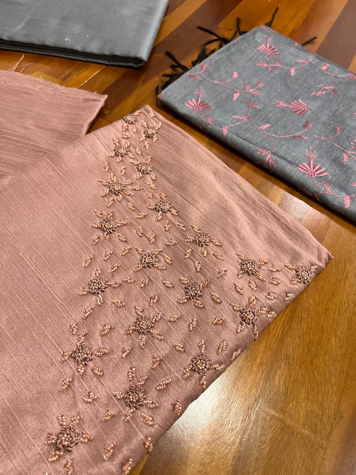 Southloom™ Semi Tussar Churidar Salwar Suit Material in Brown with Beaded Design