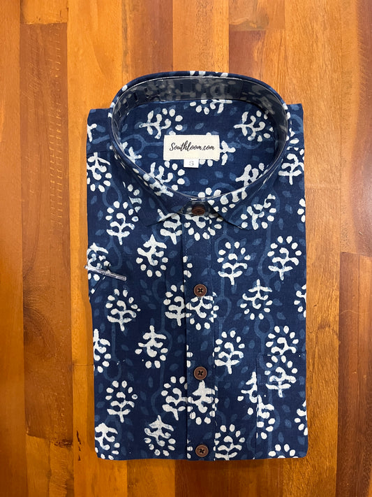 Southloom Jaipur Cotton Blue Hand Block Printed Shirt (Half Sleeves)