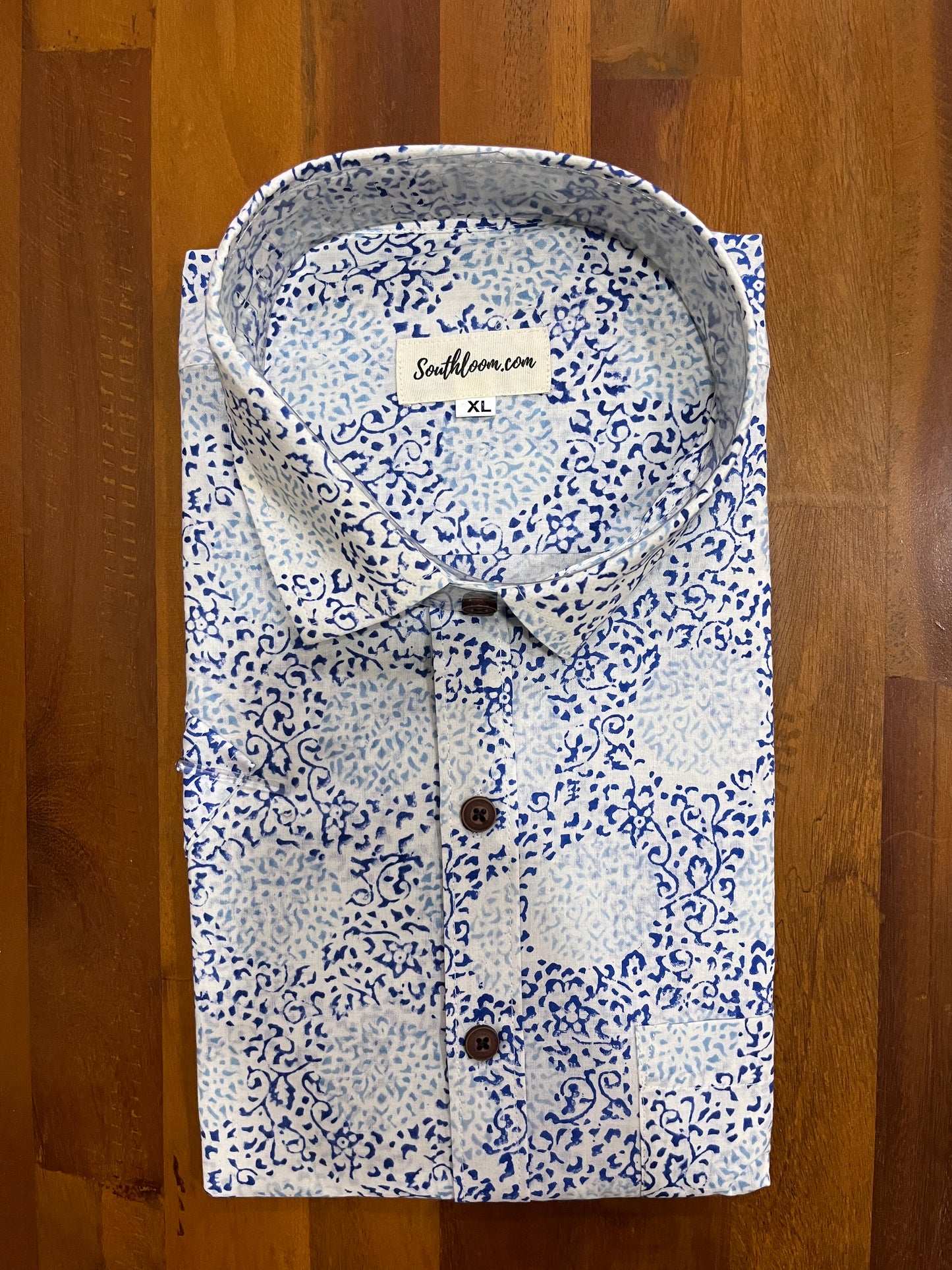 Southloom Jaipur Cotton White With Blue Hand Block Printed Shirt (Half Sleeves)