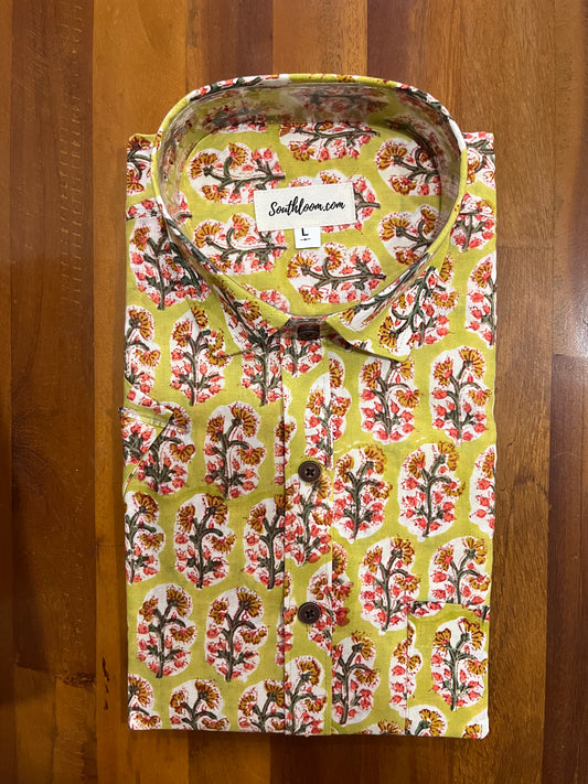 Southloom Jaipur Cotton Yellow Floral Hand Block Printed Shirt (Half Sleeves)