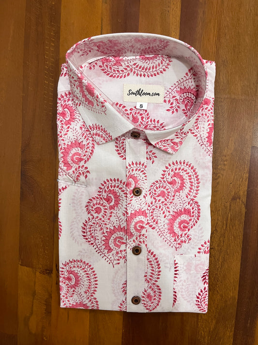 Southloom Jaipur Cotton White Hand Block Printed Shirt (Half Sleeves)