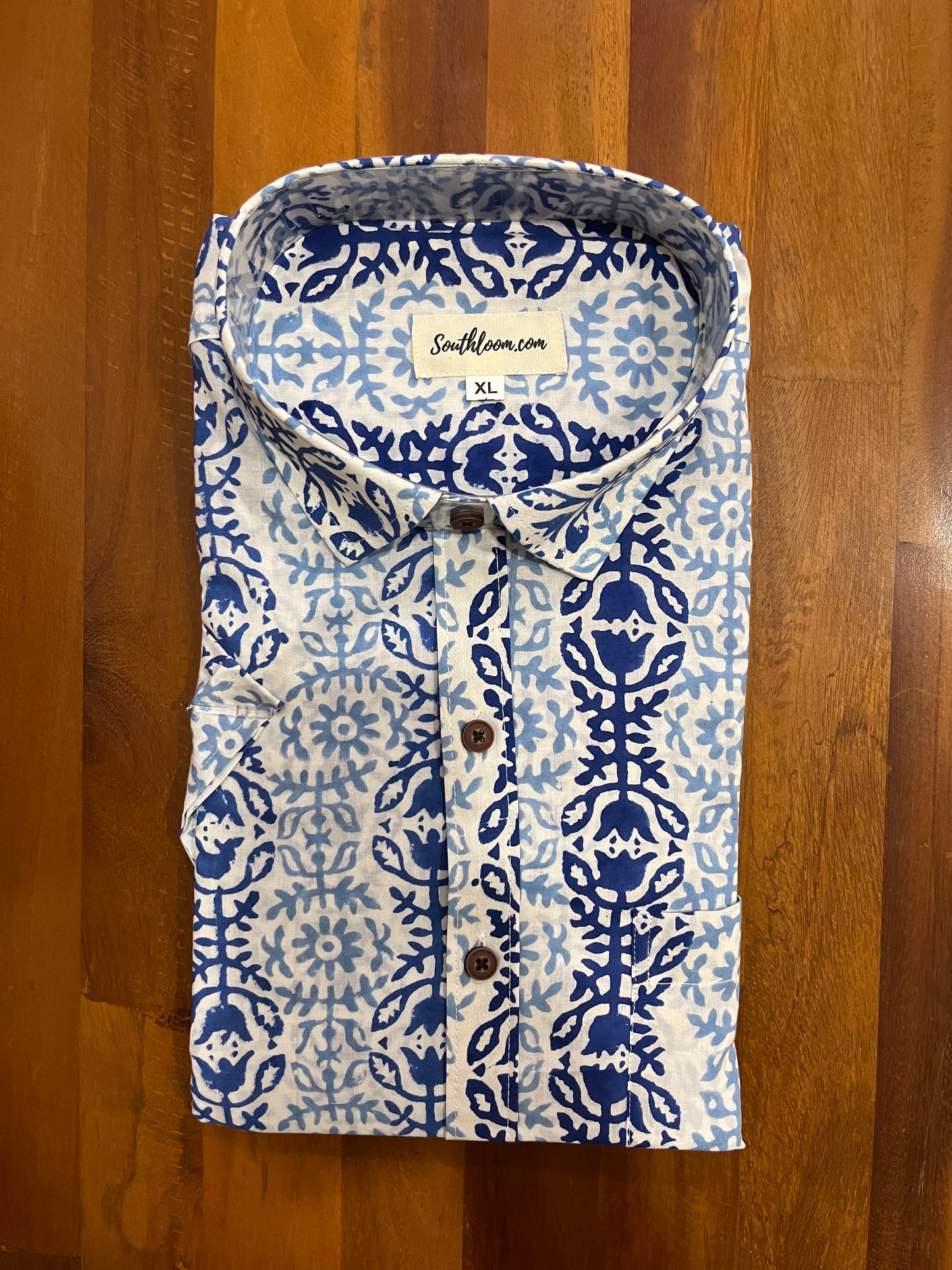 Southloom Jaipur Cotton White With Blue Floral Hand Block Printed Shirt (Half Sleeves)