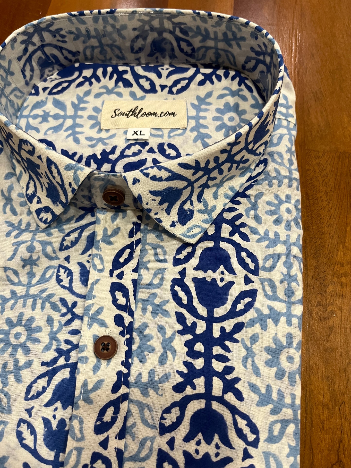 Southloom Jaipur Cotton White With Blue Floral Hand Block Printed Shirt (Half Sleeves)