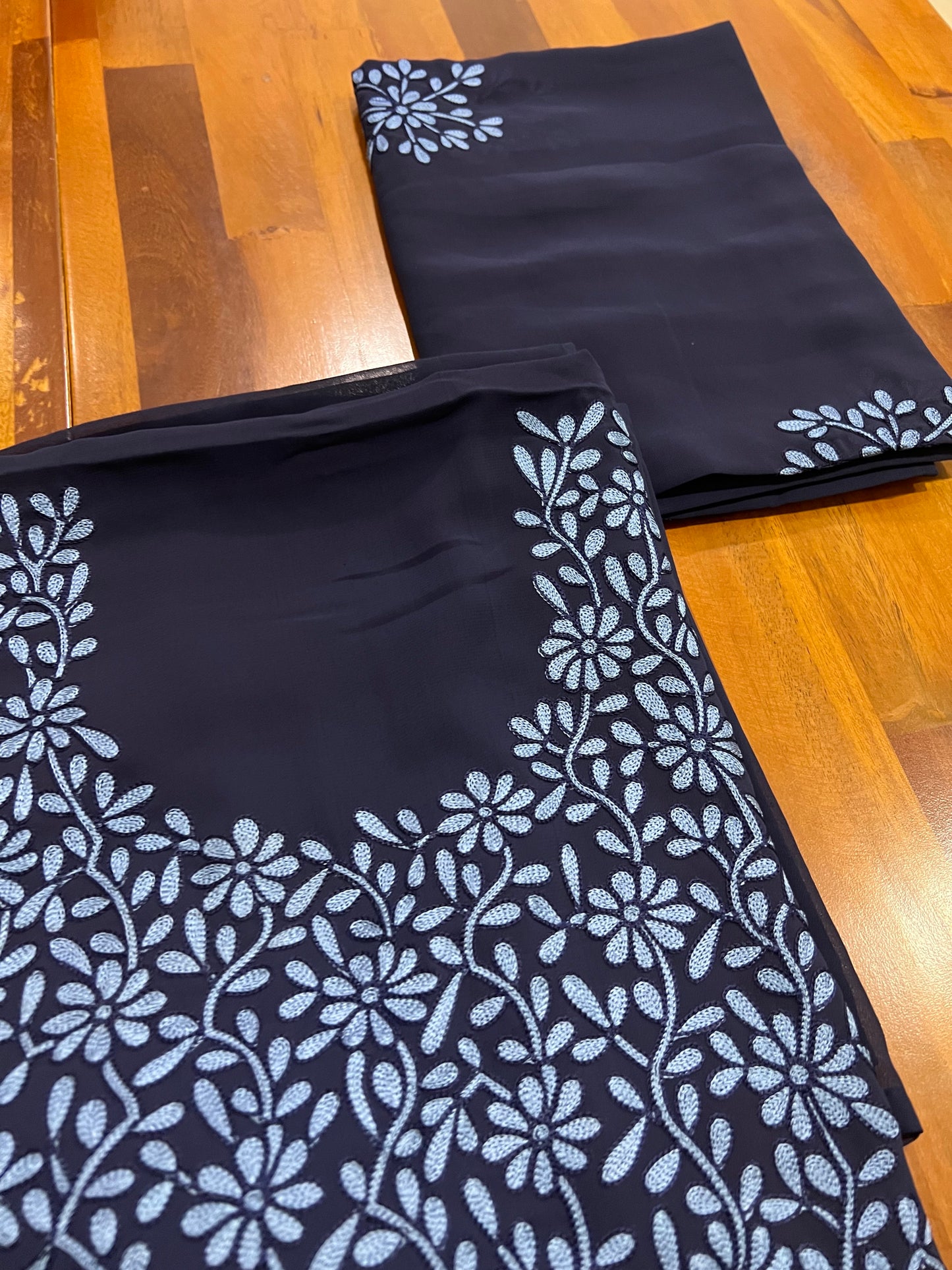 Southloom™ Georgette Churidar Salwar Suit Material in Navy Blue with Floral Thread work Design