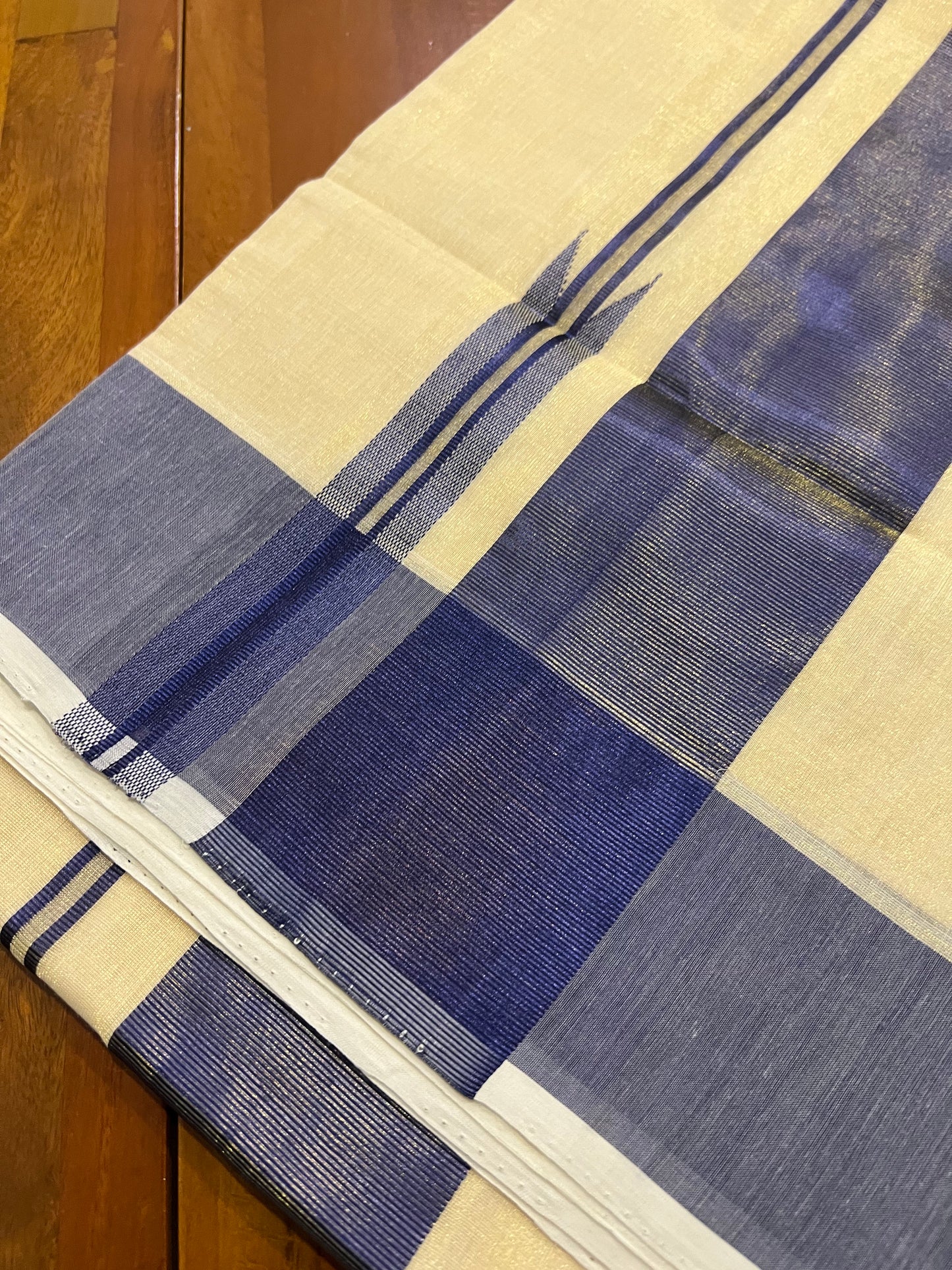 Southloom Exclusive Premium Handloom Tissue Saree with Dark Blue Kasavu Borders and Kara