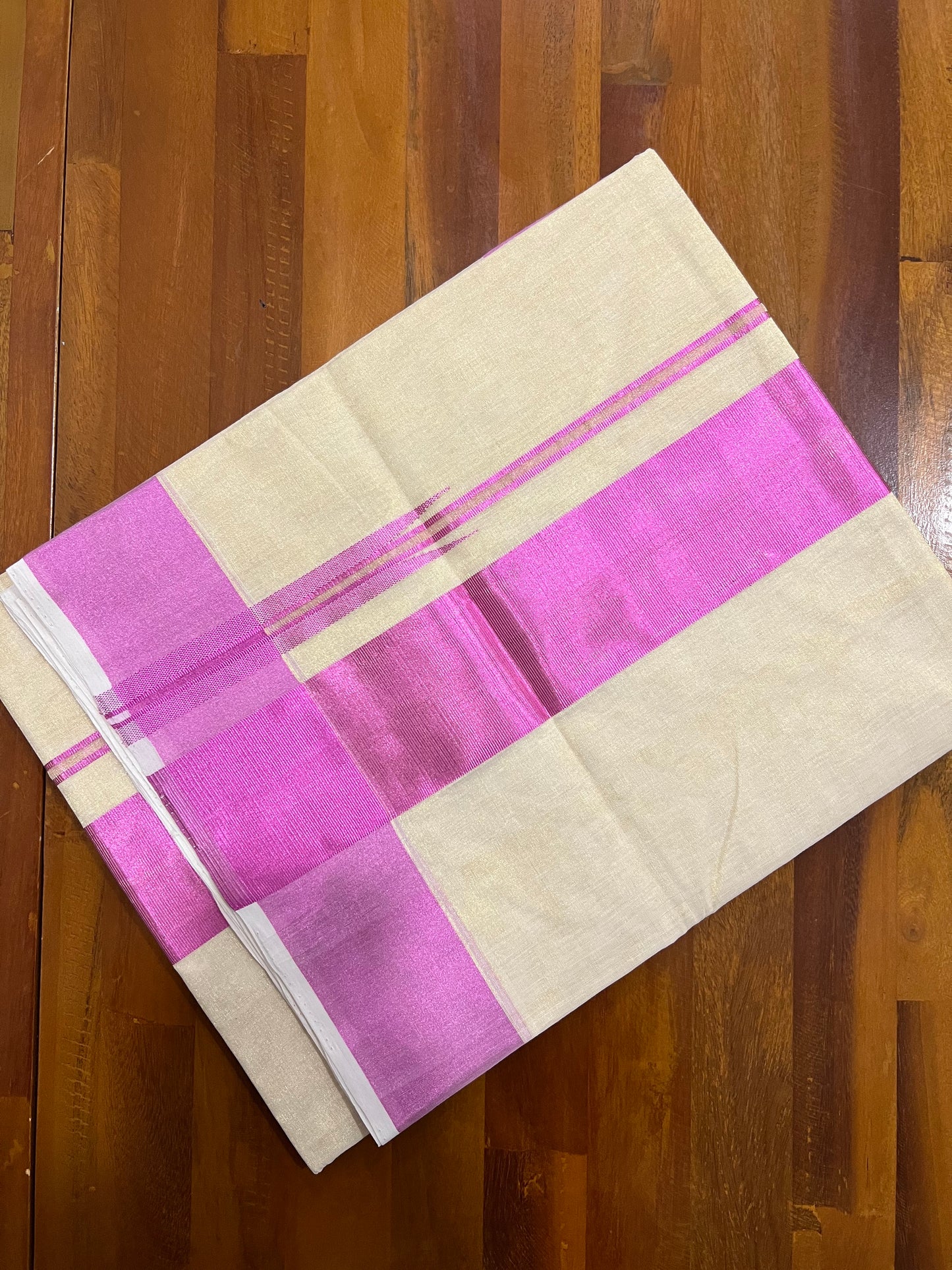 Southloom Exclusive Premium Handloom Tissue Saree with Dark Pink Kasavu Borders and Kara