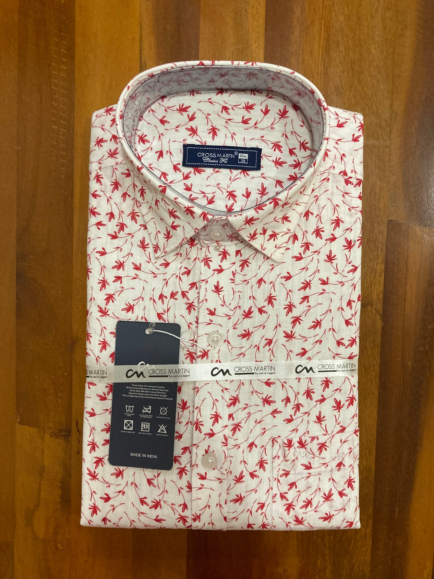 Pure Cotton Shirt with Red Prints on White (38 FS)