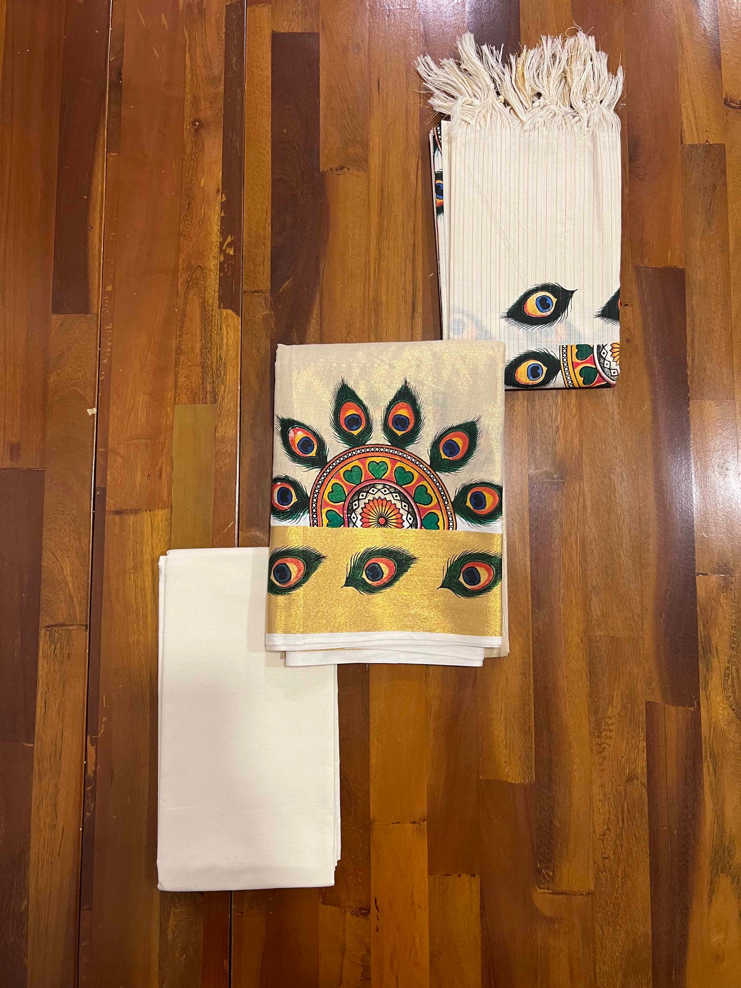 Kerala Tissue Churidar Salwar Material with Mural Printed Peacock Feather Design (include Lines Shawl / Dupatta)