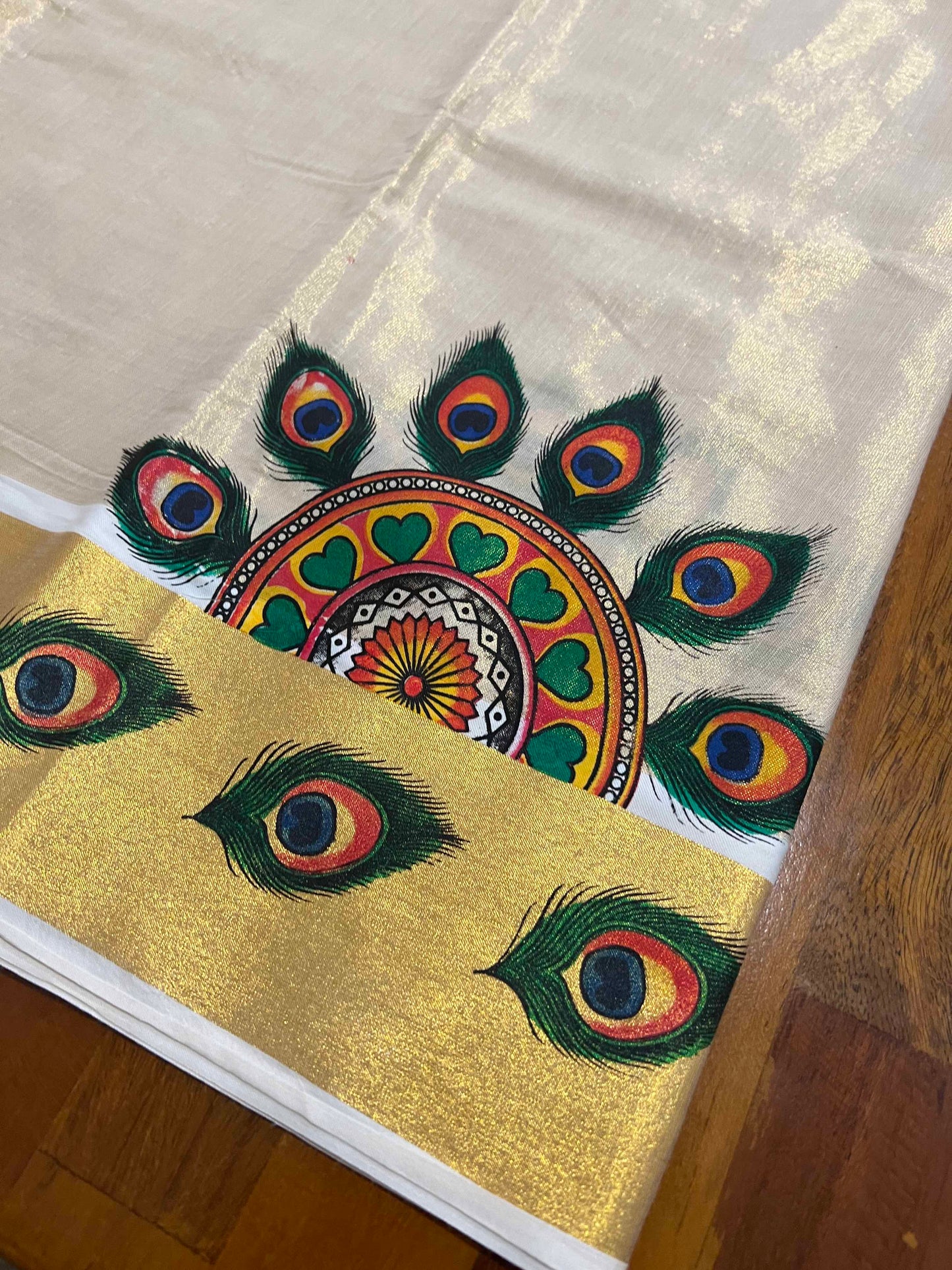 Kerala Tissue Churidar Salwar Material with Mural Printed Peacock Feather Design (include Lines Shawl / Dupatta)