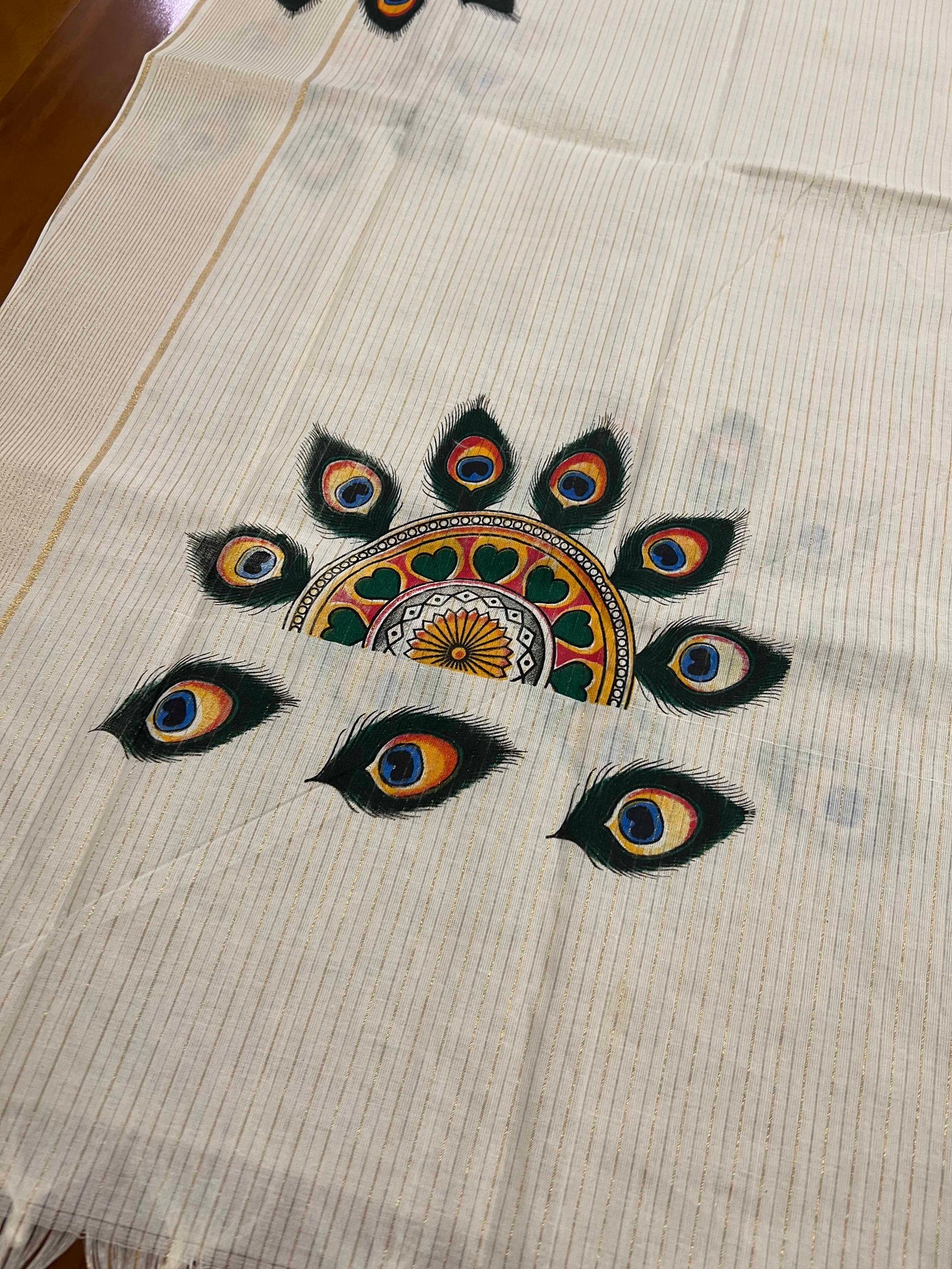 Kerala Tissue Churidar Salwar Material with Mural Printed Peacock Feather Design (include Lines Shawl / Dupatta)