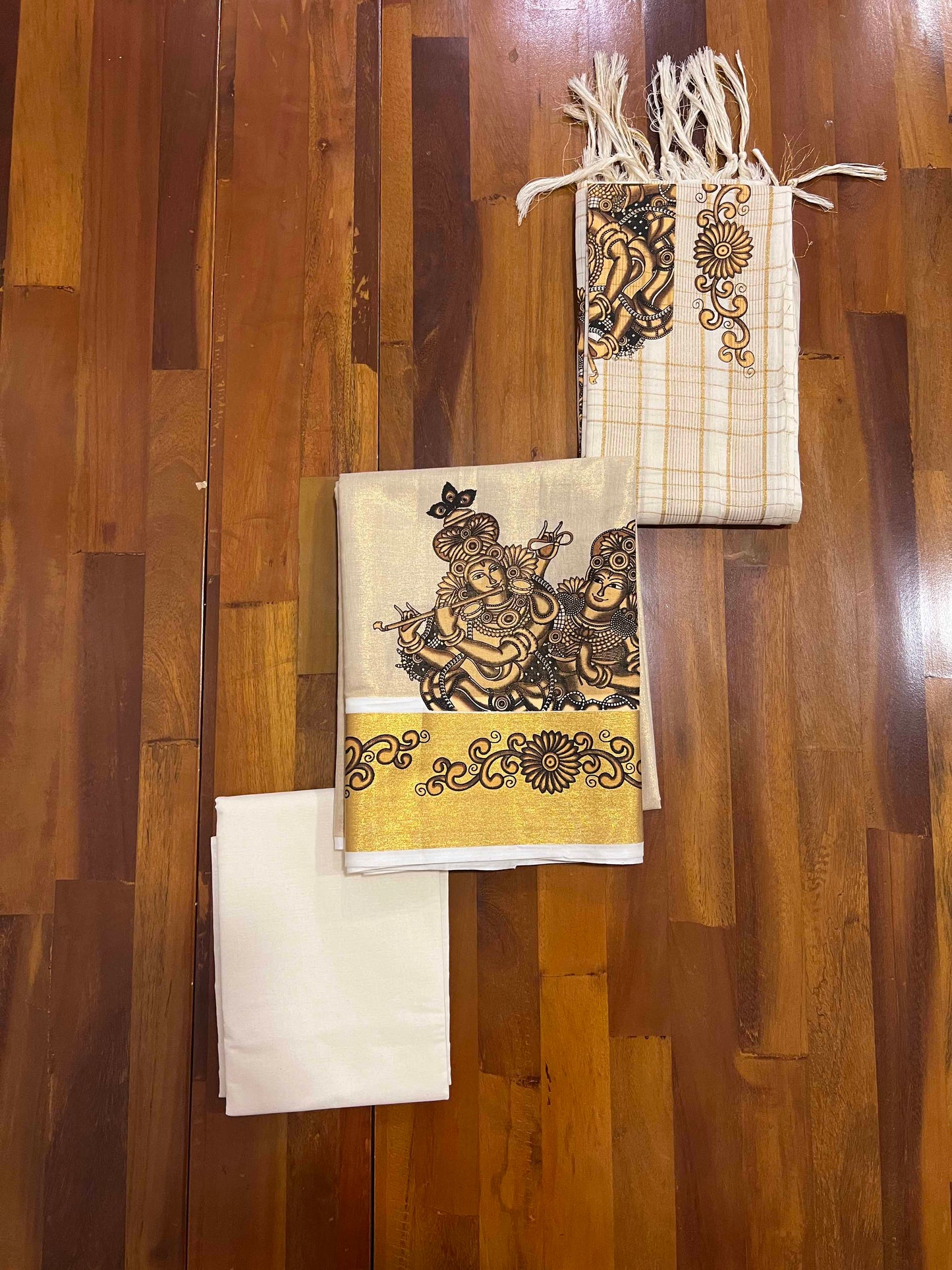 Kerala Tissue Churidar Salwar Material with Mural Printed Krishna Radha Design (include Shawl / Dupatta)