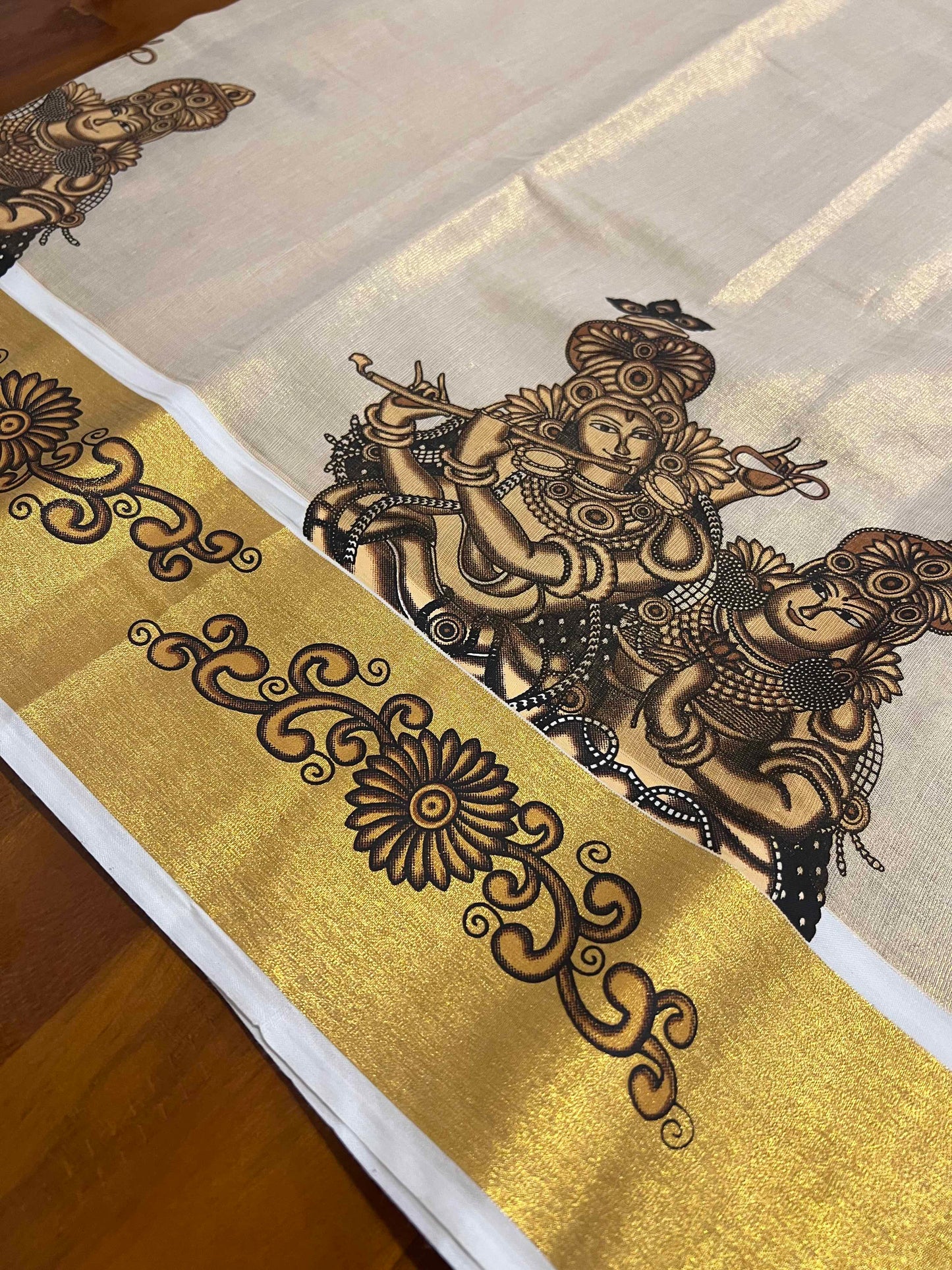 Kerala Tissue Churidar Salwar Material with Mural Printed Krishna Radha Design (include Shawl / Dupatta)