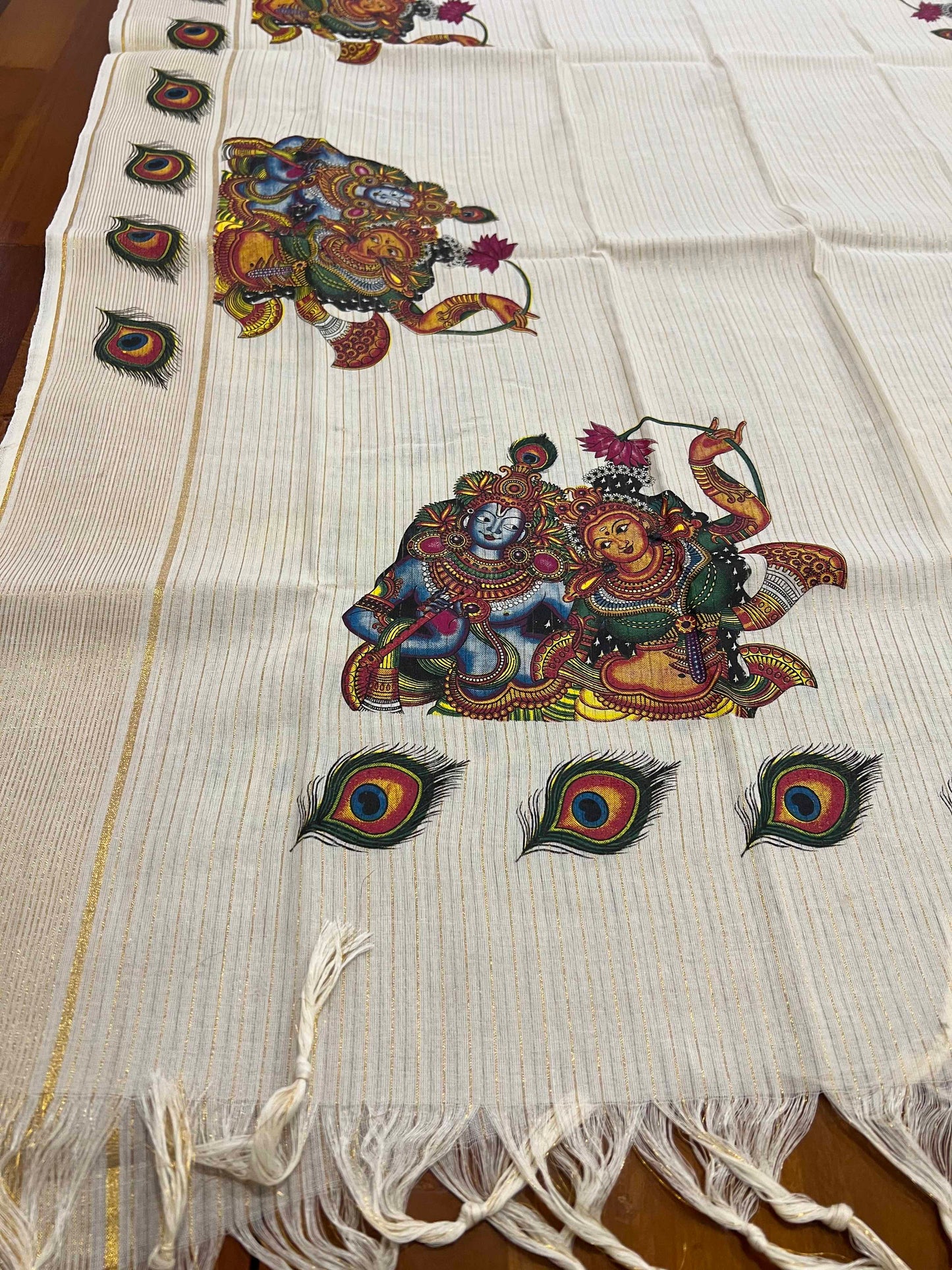 Kerala Tissue Churidar Salwar Material with Mural Printed Krishna Radha Design (include Mural Shawl / Dupatta)