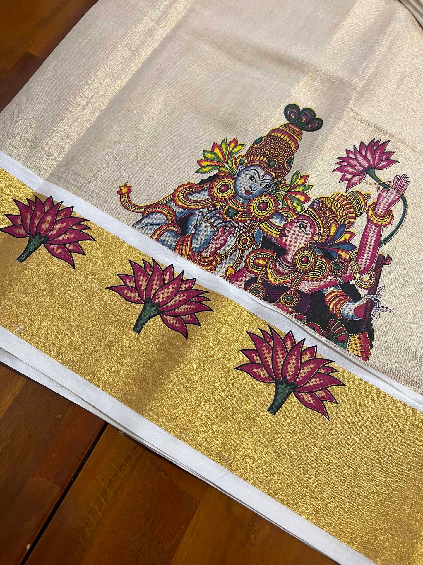 Kerala Tissue Churidar Salwar Material with Mural Printed Krishna Radha Design (include Mural Shawl / Dupatta)