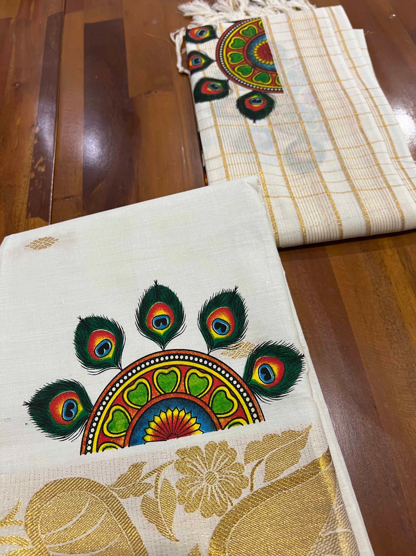 Kerala Cotton Churidar Salwar Material with Mural Printed Peacock Feather Design (include Mural Shawl / Dupatta)