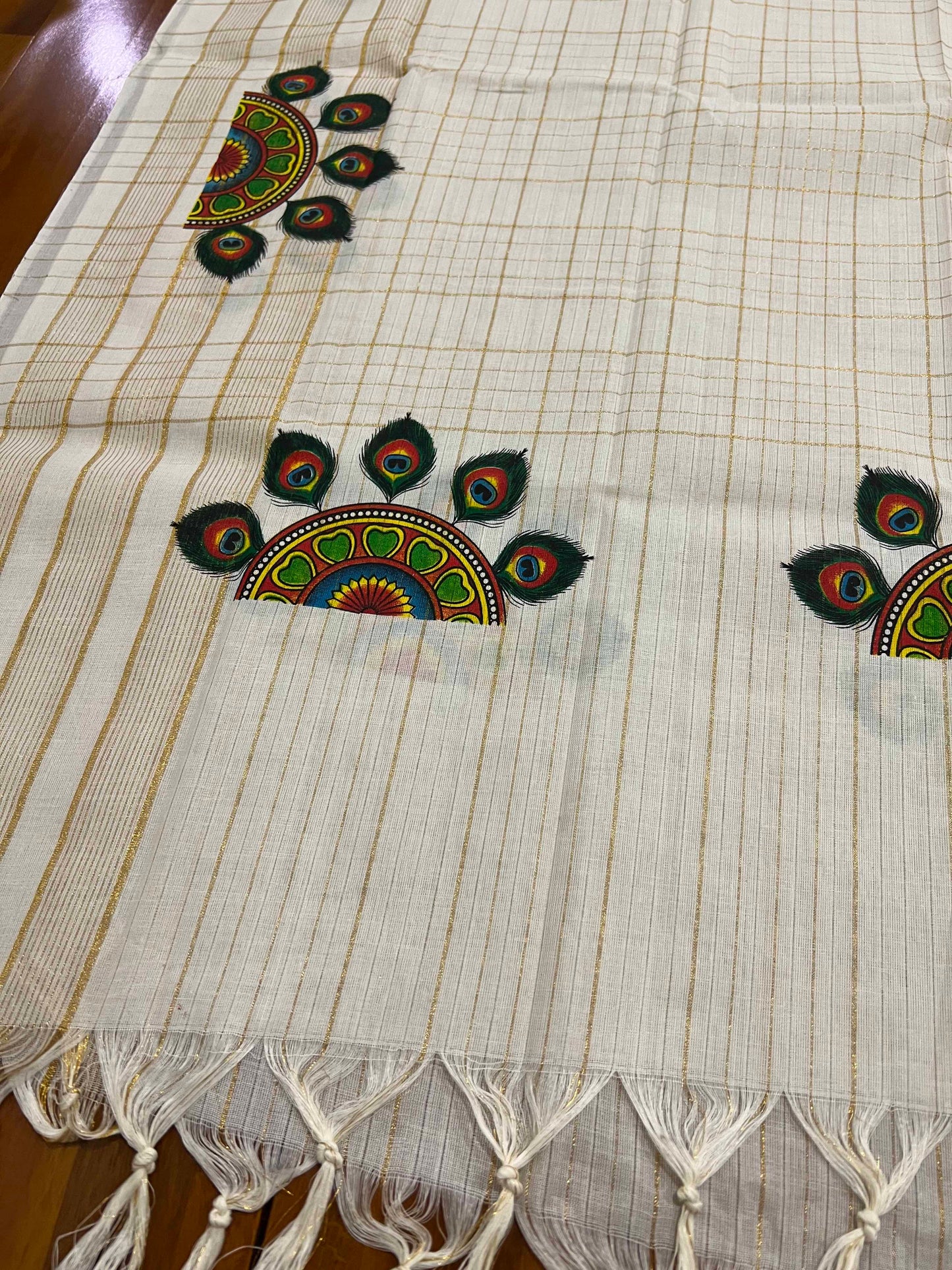 Kerala Cotton Churidar Salwar Material with Mural Printed Peacock Feather Design (include Mural Shawl / Dupatta)