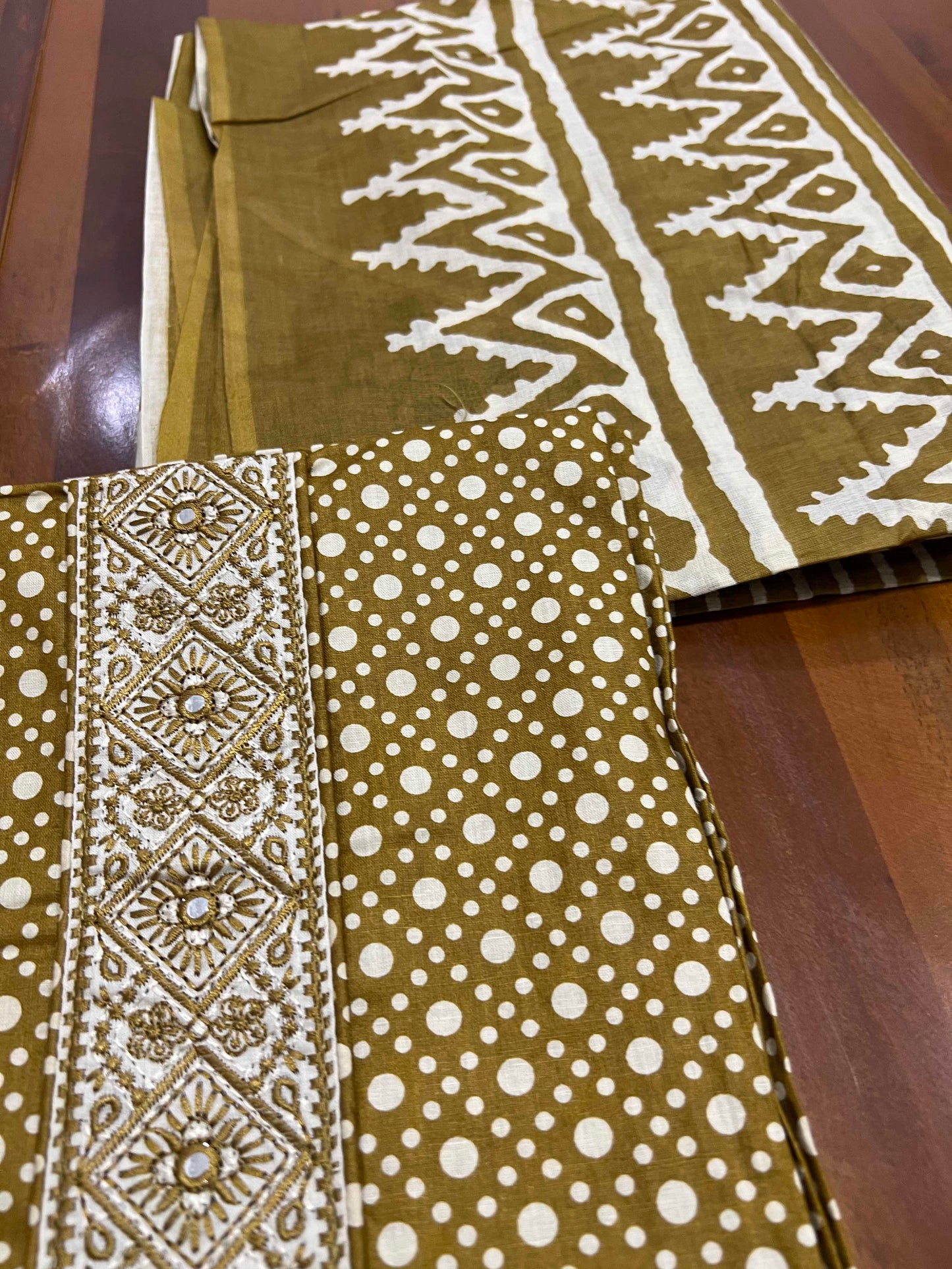 Southloom™ Cotton Churidar Salwar Suit Material in Light Brown and White Small Polka Prints