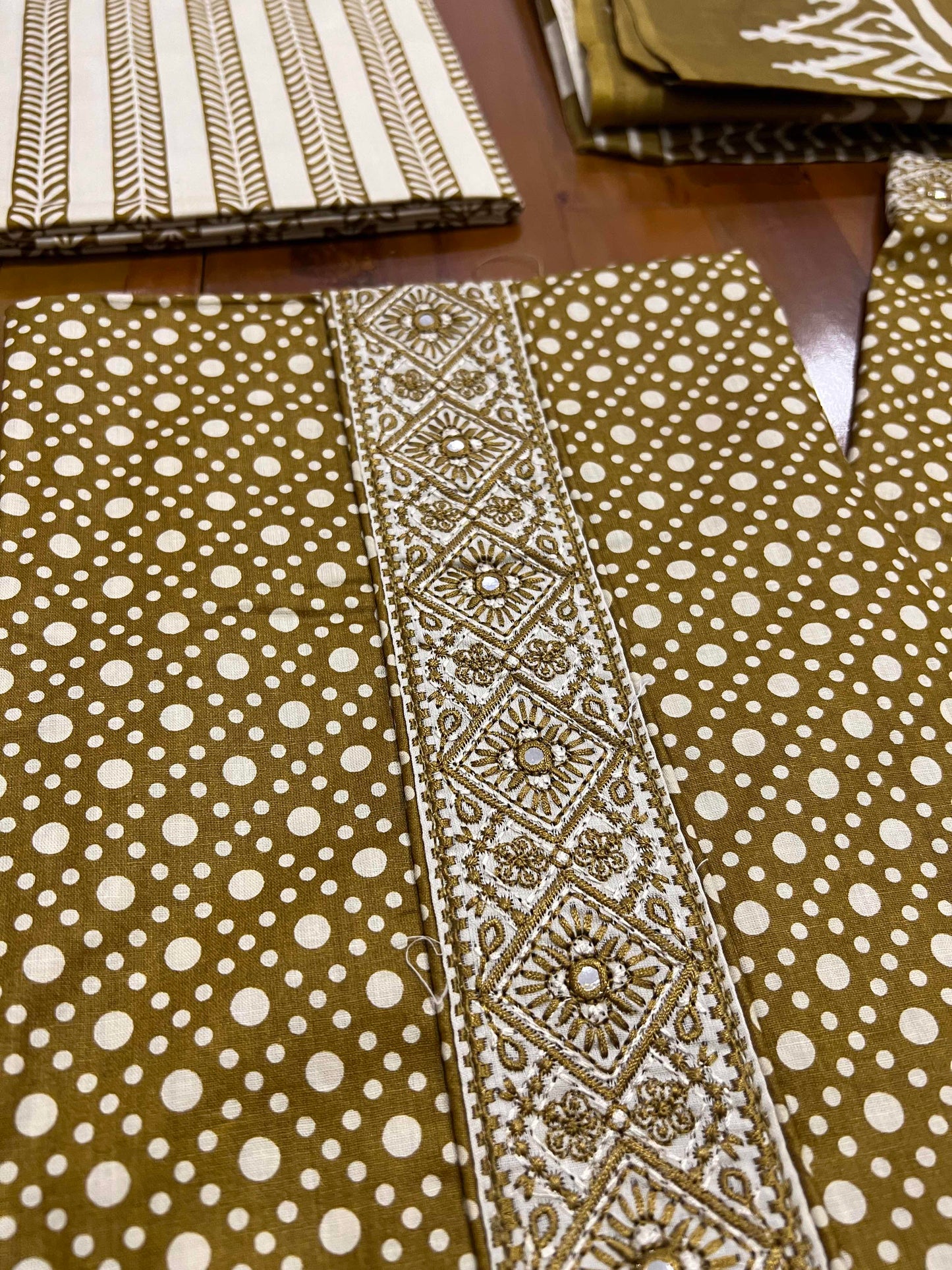 Southloom™ Cotton Churidar Salwar Suit Material in Light Brown and White Small Polka Prints